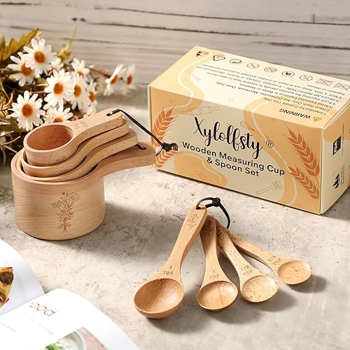 Miniatura 6 de Juego de 8 tazas y cucharas medidoras de madera floral  Juego de 8 accesorios de cocina de haya natural para harina, azúcar, especias para hornear,