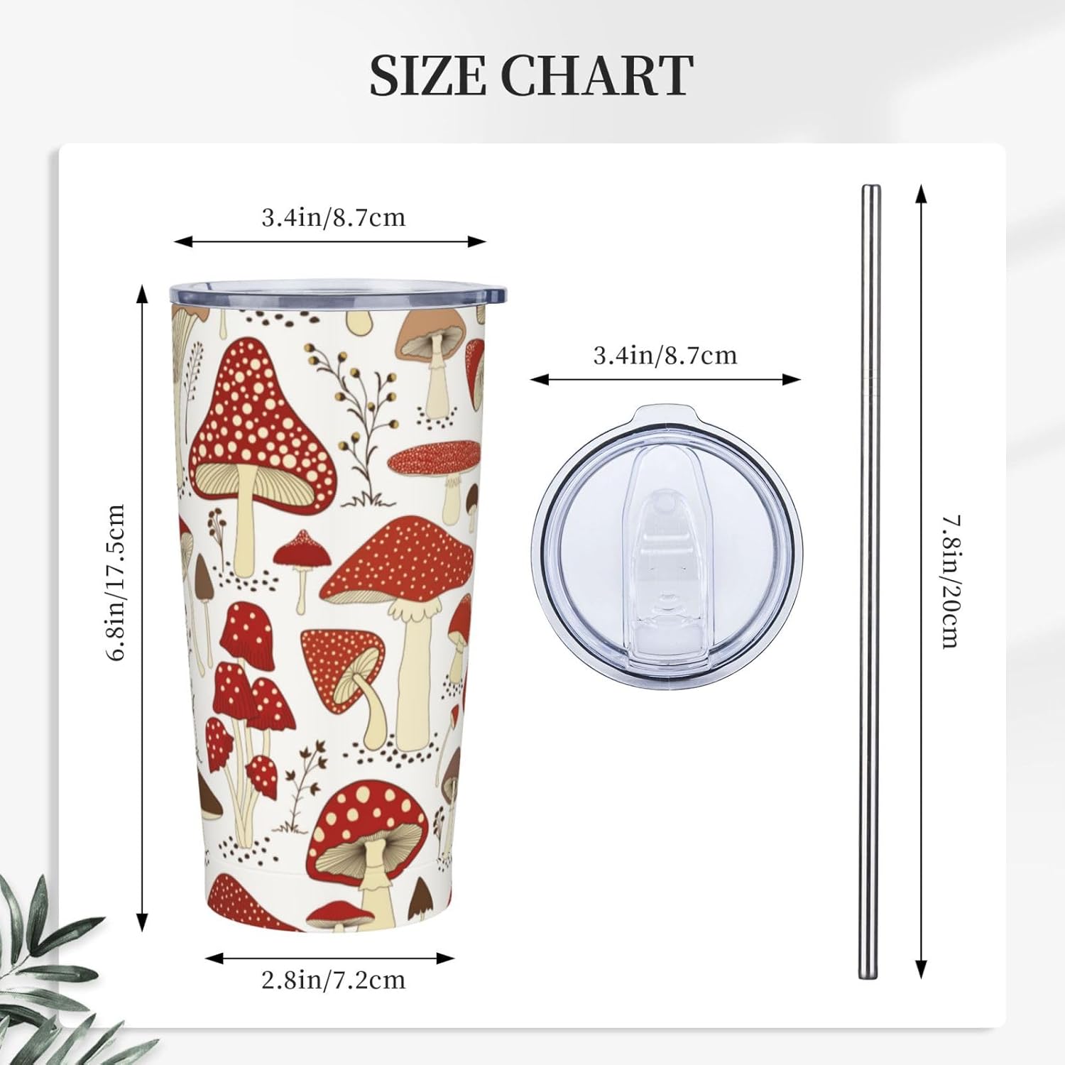 Mushroom Tumbler Field Plants Leaf Stainless Steel Insulated Tumblers with Lid Straw Reusable Mushrooms Coffee Travel Mug Drinking Water Wine Cups Birthday Gifts for Women 20 Oz - Image 7