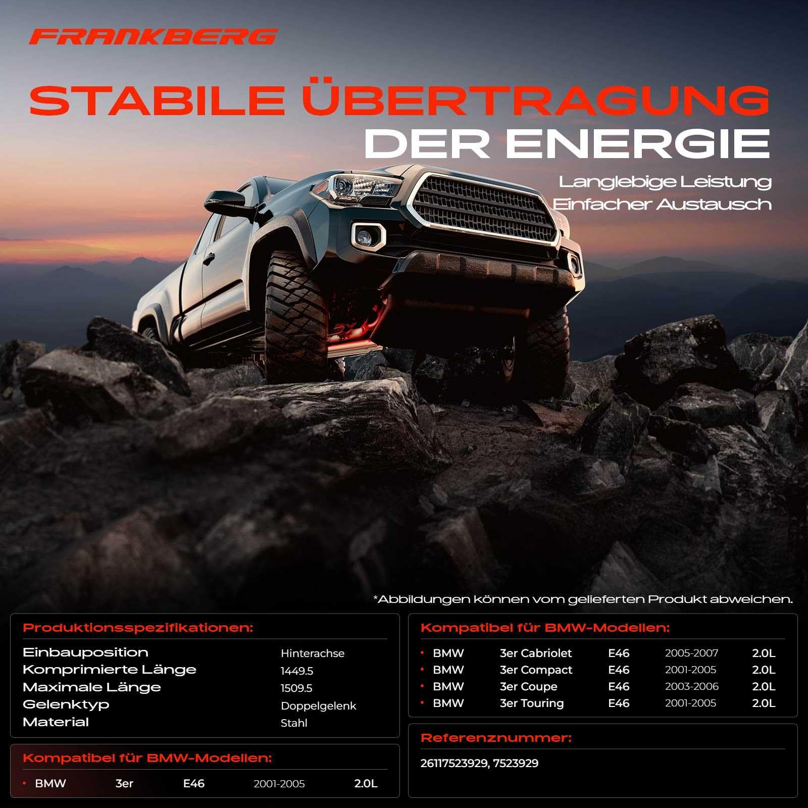Frankberg Kardanwelle Antriebswelle Hinten Kompatibel mit 3er Touring E46 320d 3er E46 320d 3er Compact E46 320td 3er Cabriolet E46 320Cd 3er Coupe E46 320Cd Replace# 7523929