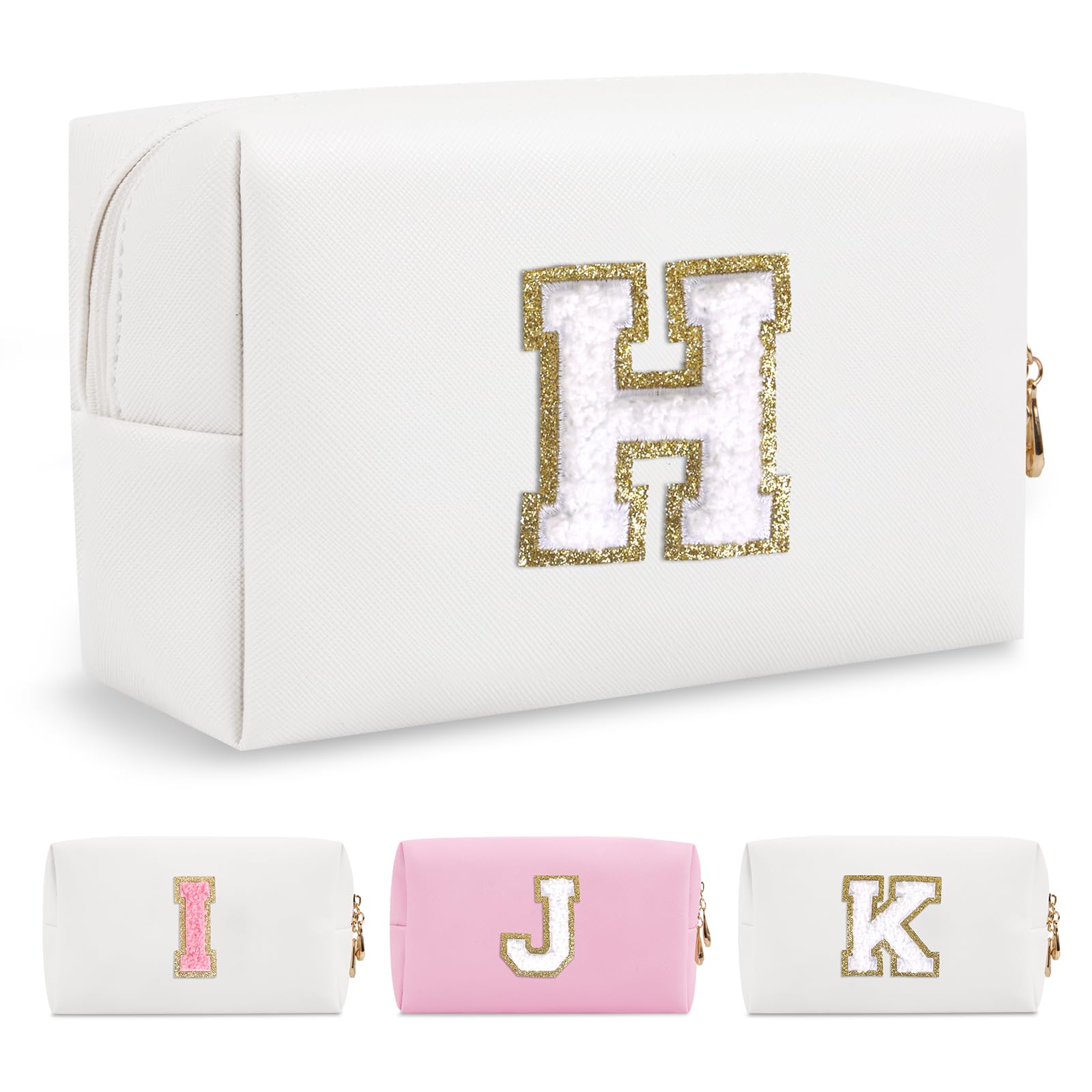 ChaoGreatSmall Personalized Initial A-Z Preppy Patch Makeup Bag,White PU Chenille Letter Travel Cosmetic Pouch with Zipper,Cute Toiletry Bag,Gift Ideal for Teen Girls Women Teacher Bridesmaid,Letter H