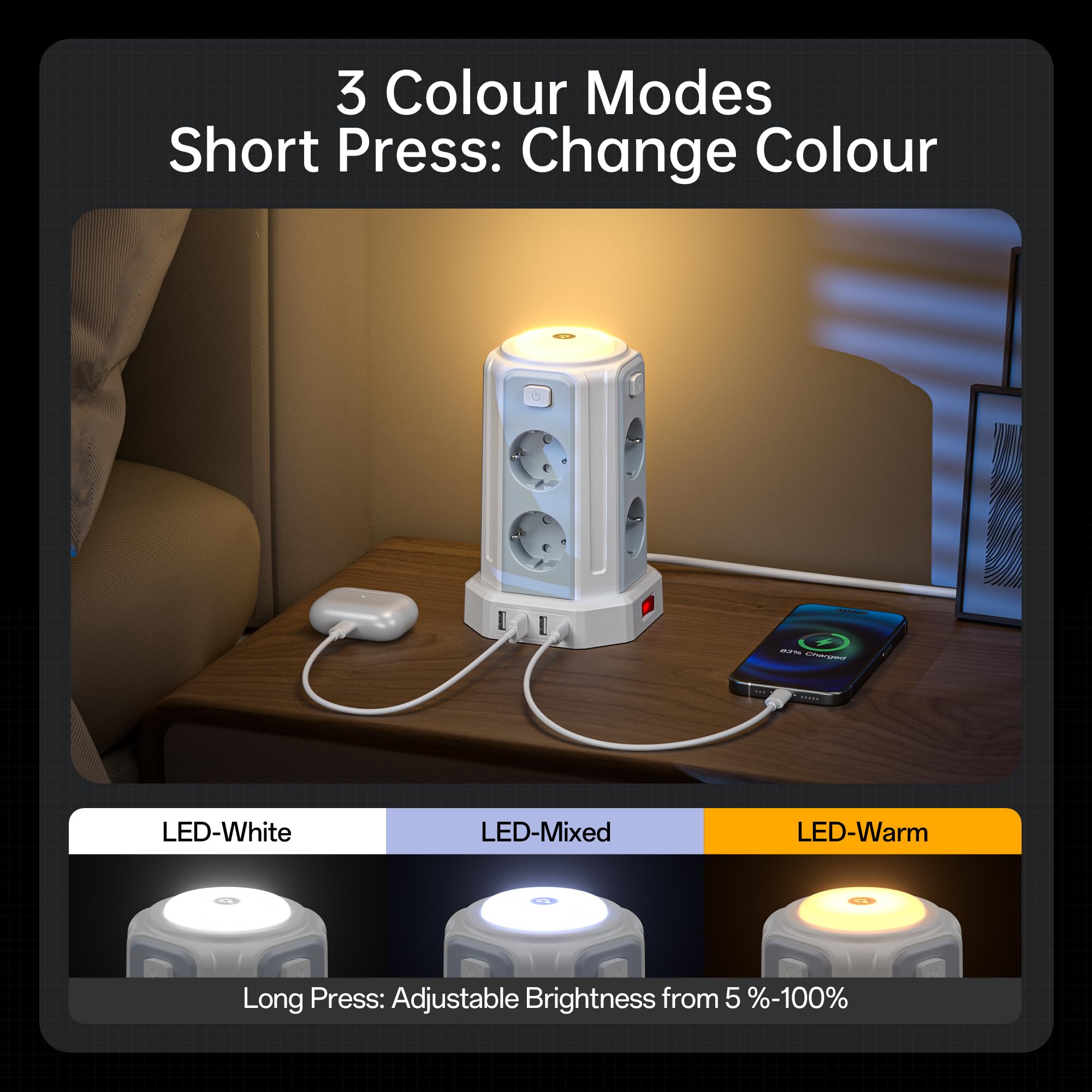 12 en 1 Multiprise avec Interrupteur (3600W/16A), 3M Tour Multiprise with 4 USB Ports and 8 Sockets, avec Lumière pour Le Bureau et la Maison