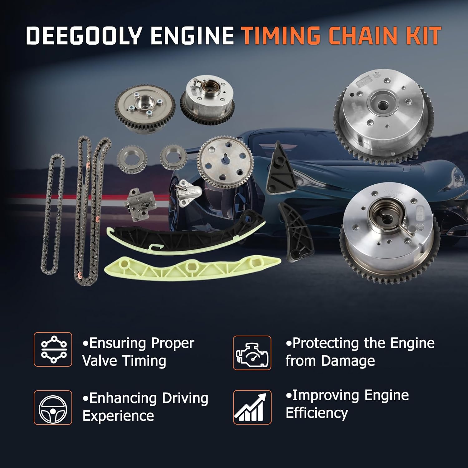 23121-25060 Engine Timing Chain Kit with 2PCS Intake & Exhaust VVT Gear Sprocket Fit for Genesis Coupe Santa Fe Sonata Tucson 2.4L DOHC G4KC Engine Replace#243702G000, 243702G600