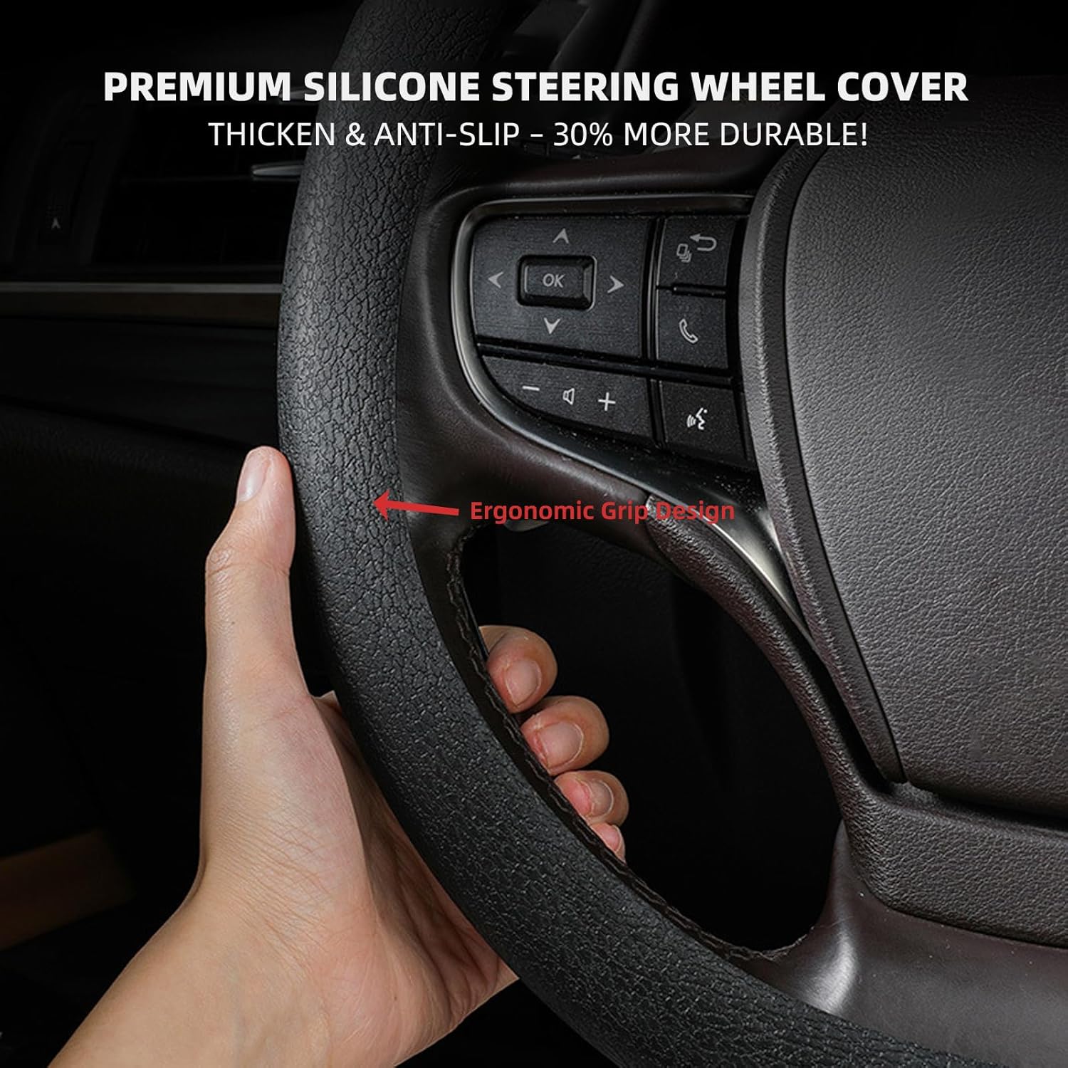 30% Thicker Universal Stretchy Silicone Steering Wheel Cover for 14” 15” 16” Wheels - Anti-Slip Grip & Enhanced Control for Men & Women, All Weather Protection (Black) - Image 3