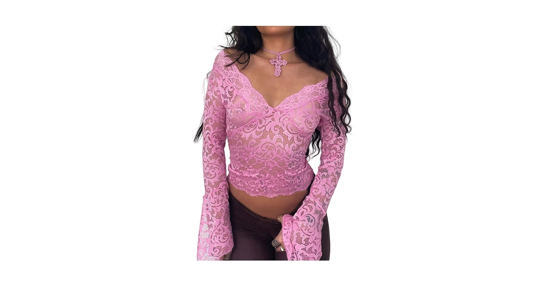 Women's See Through Floral Lace Crop Top Sexy Deep V Neck