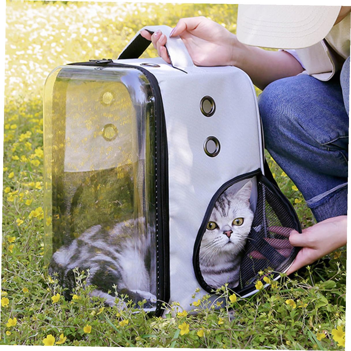 Bolsa de Transporte para Mascotas Transparente y Plegable | PC y Tela Oxford, Ligera y Cómoda de Llevar, para Gato y Perro Pequeño, Uso Exterior