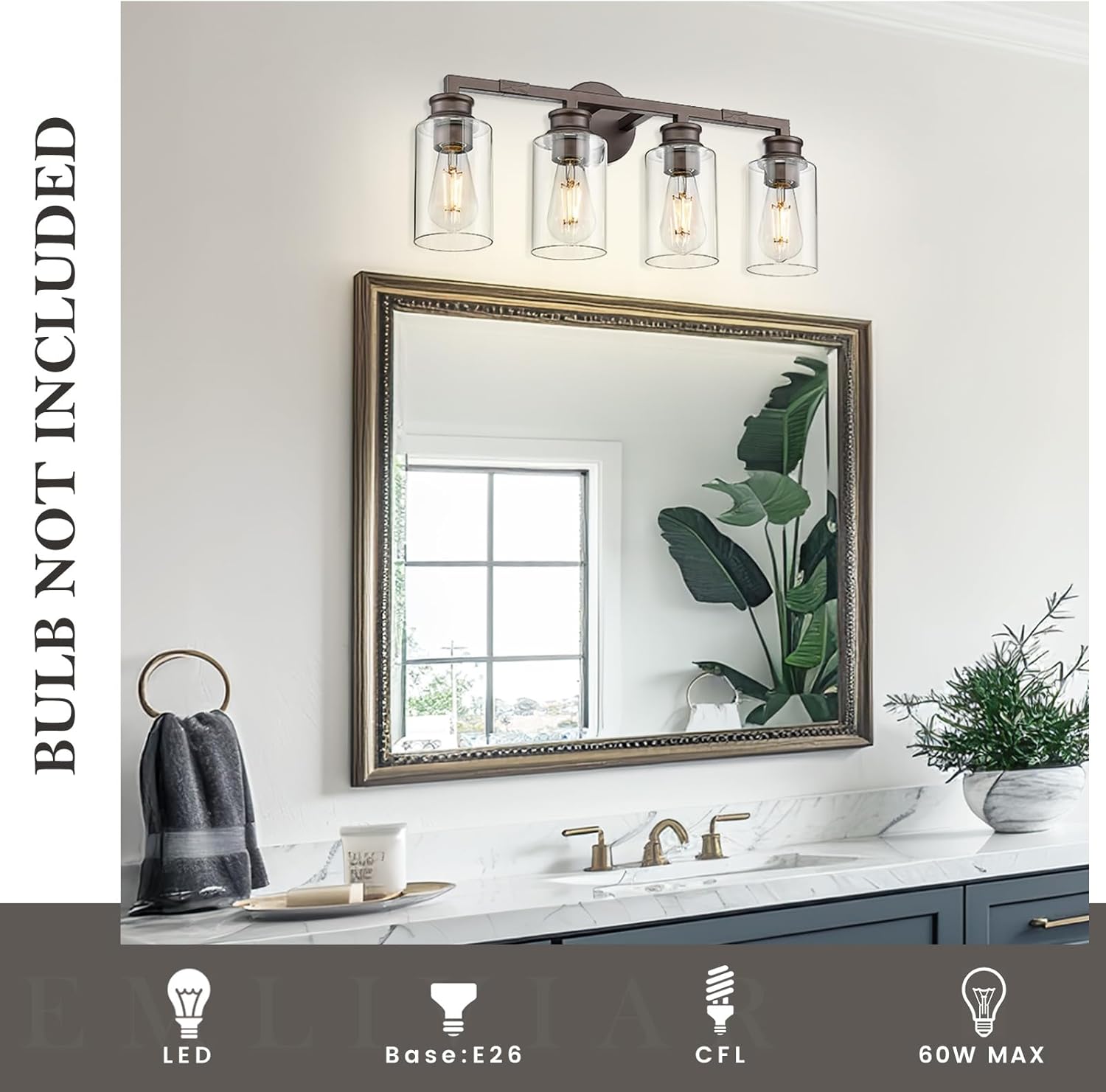 Emliviar 23 Inch Vanity Light Above Mirror for Bathroom, Oil Rubbed Bronze Finish 4-Light Wall Sconce with Clear Glass Shade, YCE253B-4W ORB