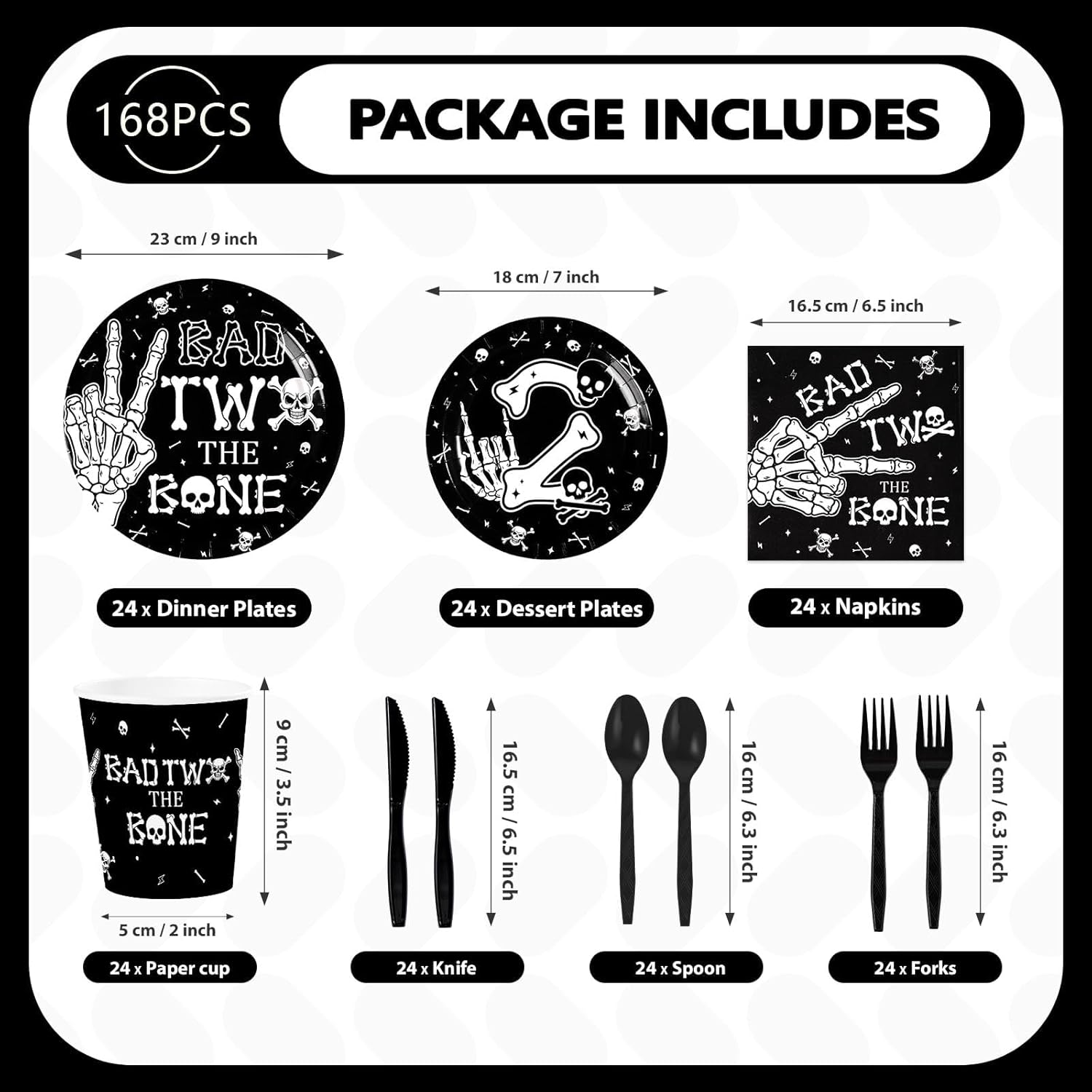 168Pcs Bad Two The Bone Birthday Party Supplies Rock And Roll Plates Napkins Cups Music Theme Tableware Sets 2 Years Old Decorations for 2nd Birthday Baby Shower Party Decorations Serves 24