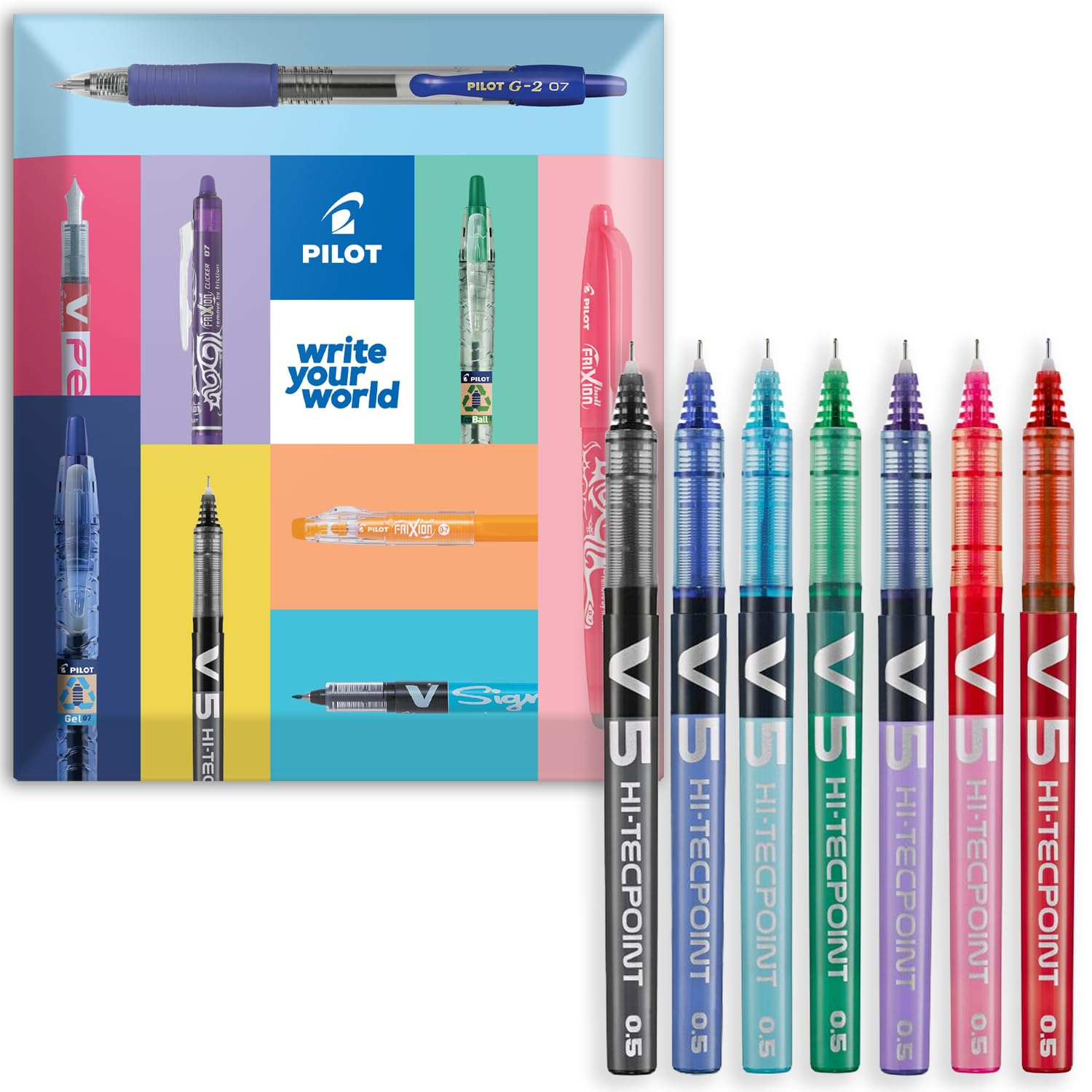 Pilot V5 Hi-Tecpoint - Penna a sfera con pennino da 0,5 mm, confezione da 7 in confezione regalo con busta, colori: nero, blu, azzurro, verde, viola, rosa e rosso