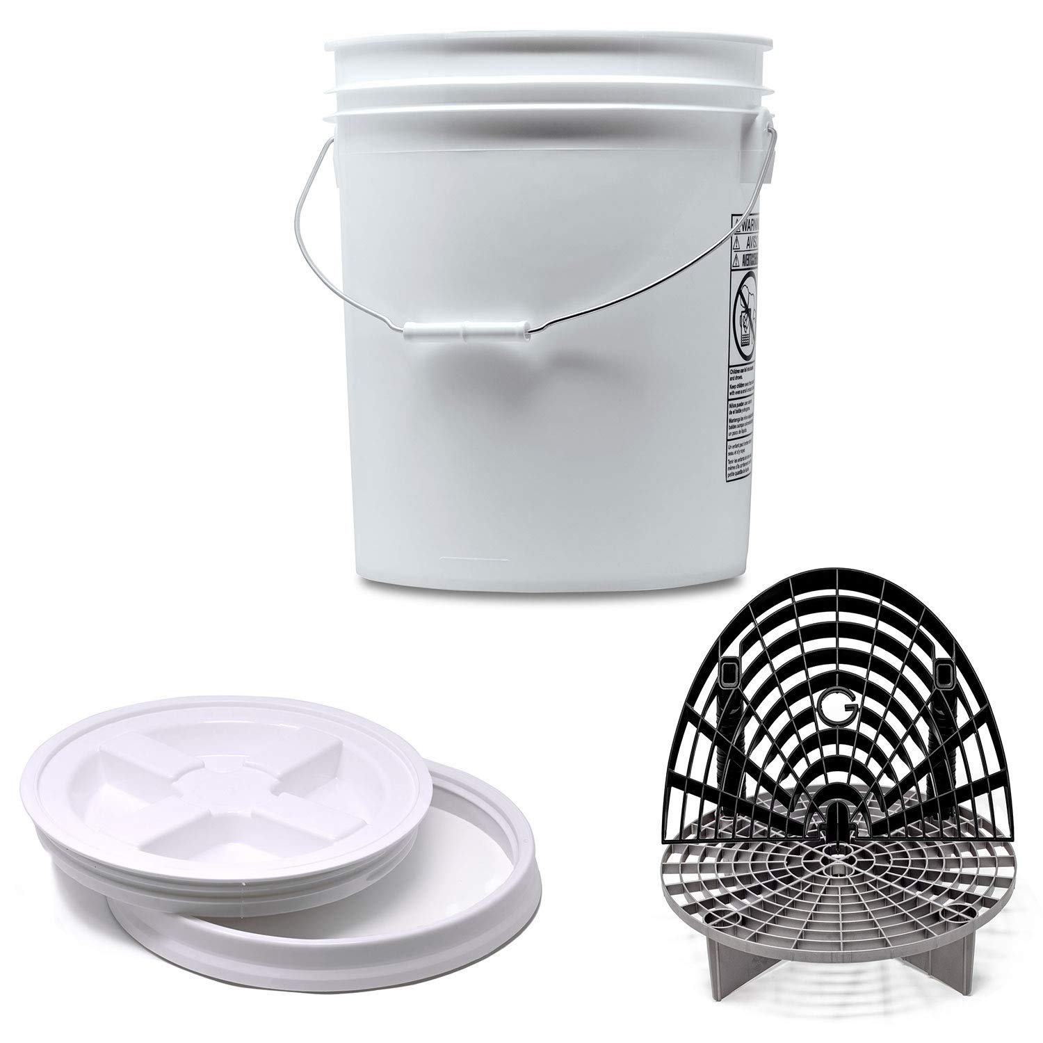 Detailmate professionelles Wasch Eimer Set: Magic Bucket Wascheimer 5 GAL (ca. 20 Liter), Gamma Seal Eimerdeckel weiß, GritGuard Schmutz Einsatz Silber, GritGuard Washboard schwarz