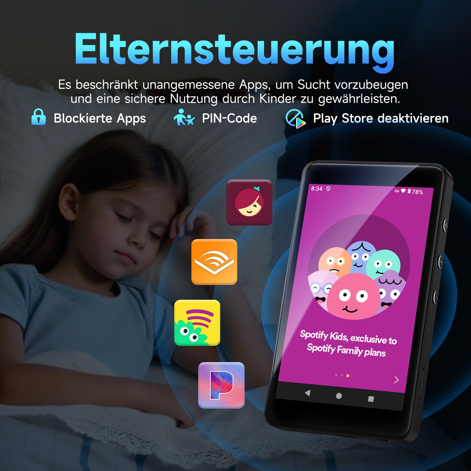 PECSU Android 14 MP3-Player mit Spotify, Play Store, Amazon Music, Audible, Libby, 4-Zoll-Touchscreen-MP4-Musikplayer für Kinder mit Kindersicherung, Augenschutzmodus, 2000mAh (Schwarz)