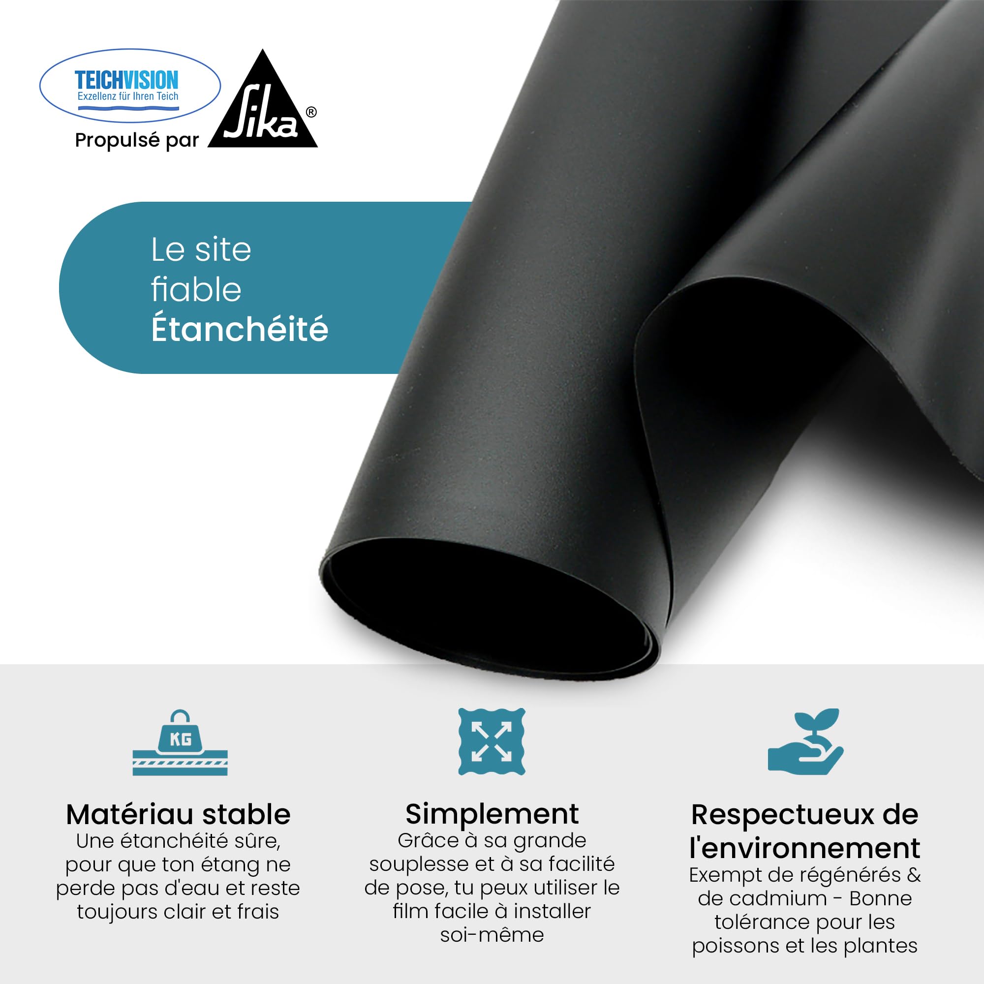 TeichVision bache Bassin en PVC Noir de qualité supérieure 1 mm - 2 m x 3 m/bâche pour Bassin Convient pour Les étangs, Les biotopes, Les piscines Naturelles