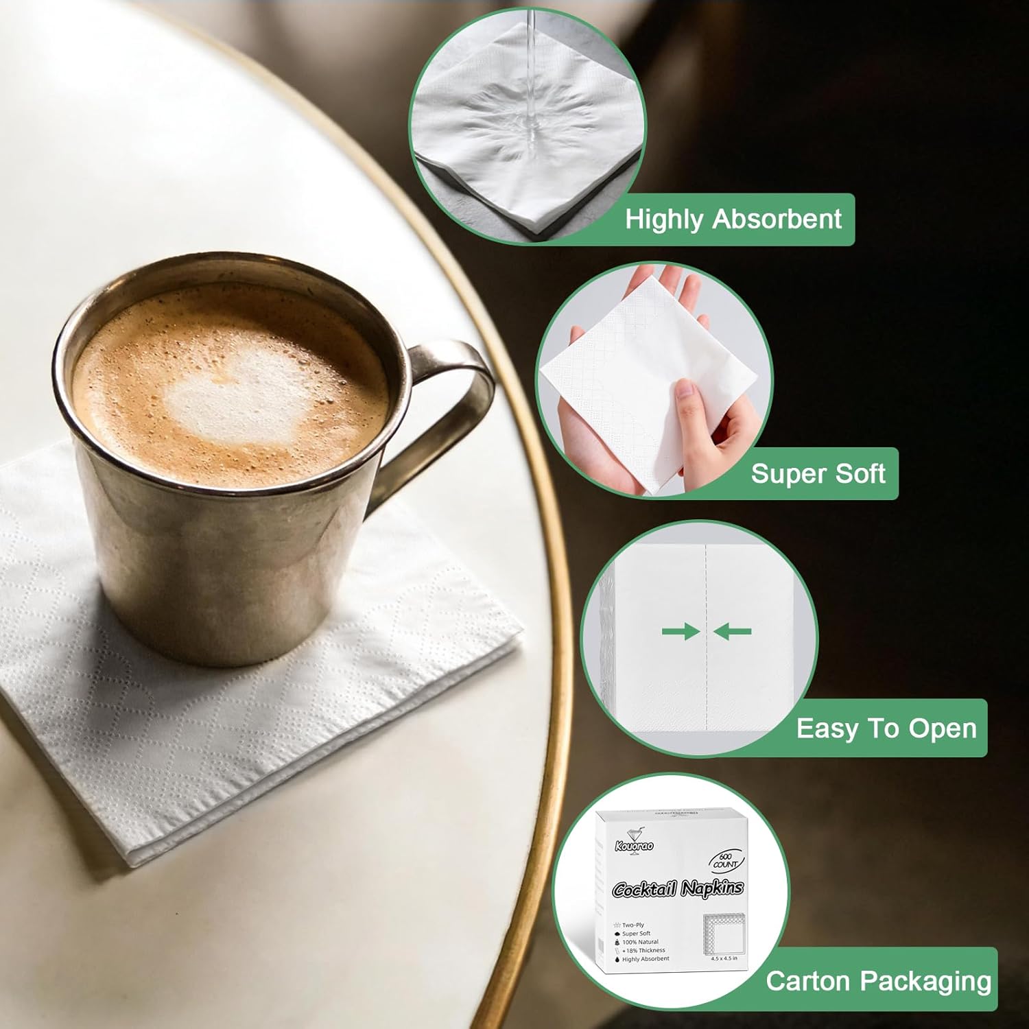 White Cocktail Napkins - 600 Count Disposable Paper Napkins, 2-Ply 4.5 x 4.5 Inch Beverage Napkins Bulk for Dinner Wedding Bar Party and Everyday Use