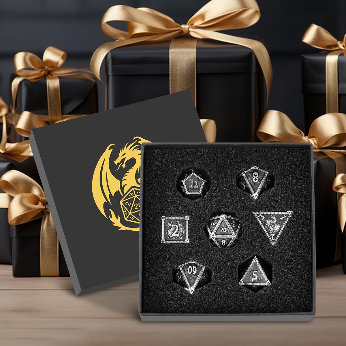 Lot de Dés en Métal DND, Motif de Dragon 7 Dés Polyédriques en Métal, Accessoires pour Jeux de Rôle, RPG, MTG, Cadeaux D&D avec Boîte Cadeau, D20, D12, 2 D10 (00-90 et 0-9), D8, D6 et D4, Argent Foncé