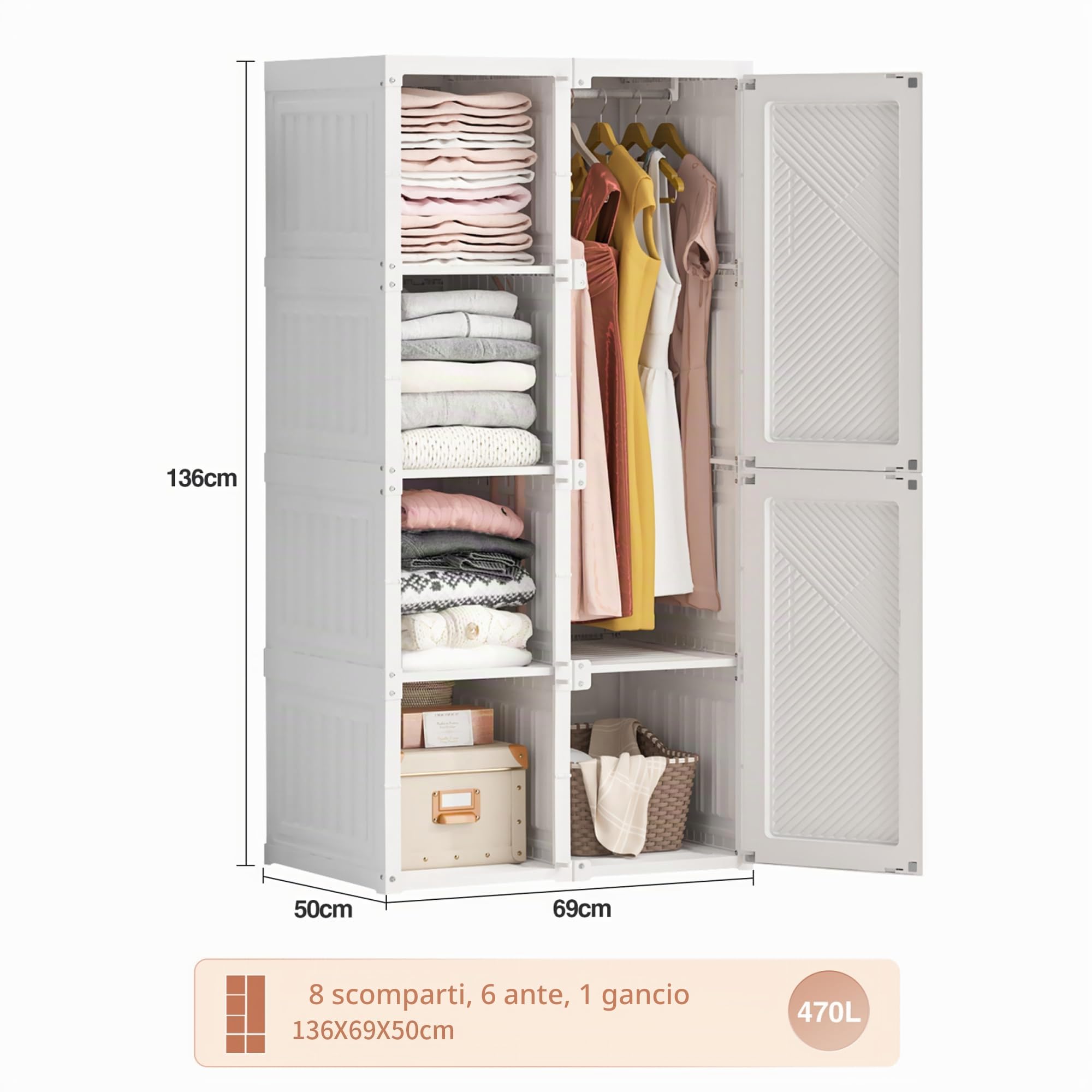 Armadio moderno con 5 ante 1 asta appendiabiti a 4 scomparti, pieghevole multiuso facile da montare, per camera da letto, soggiorno, corridoio, cameretta dei bambini (bianco, 136 x 50 x 69 cm)