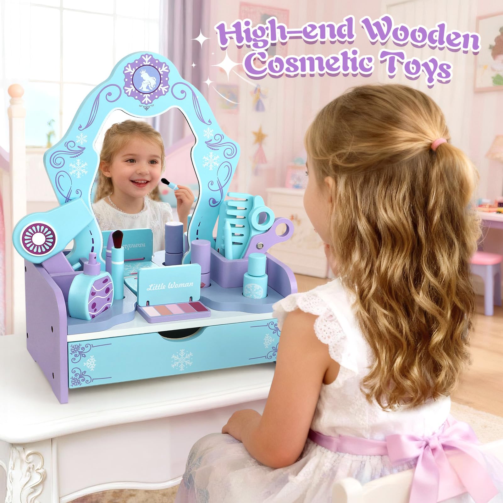 Atoylink Eiskönigin Schminktisch Kinder für Mädchen, 12-Teiliges Schminkset mit Kinderschminke Set & Friseur Set, Frozen Schminke Holzspielzeug, Eiskönigin Spielzeug Geschenk für Mädchen ab 3 Jahren