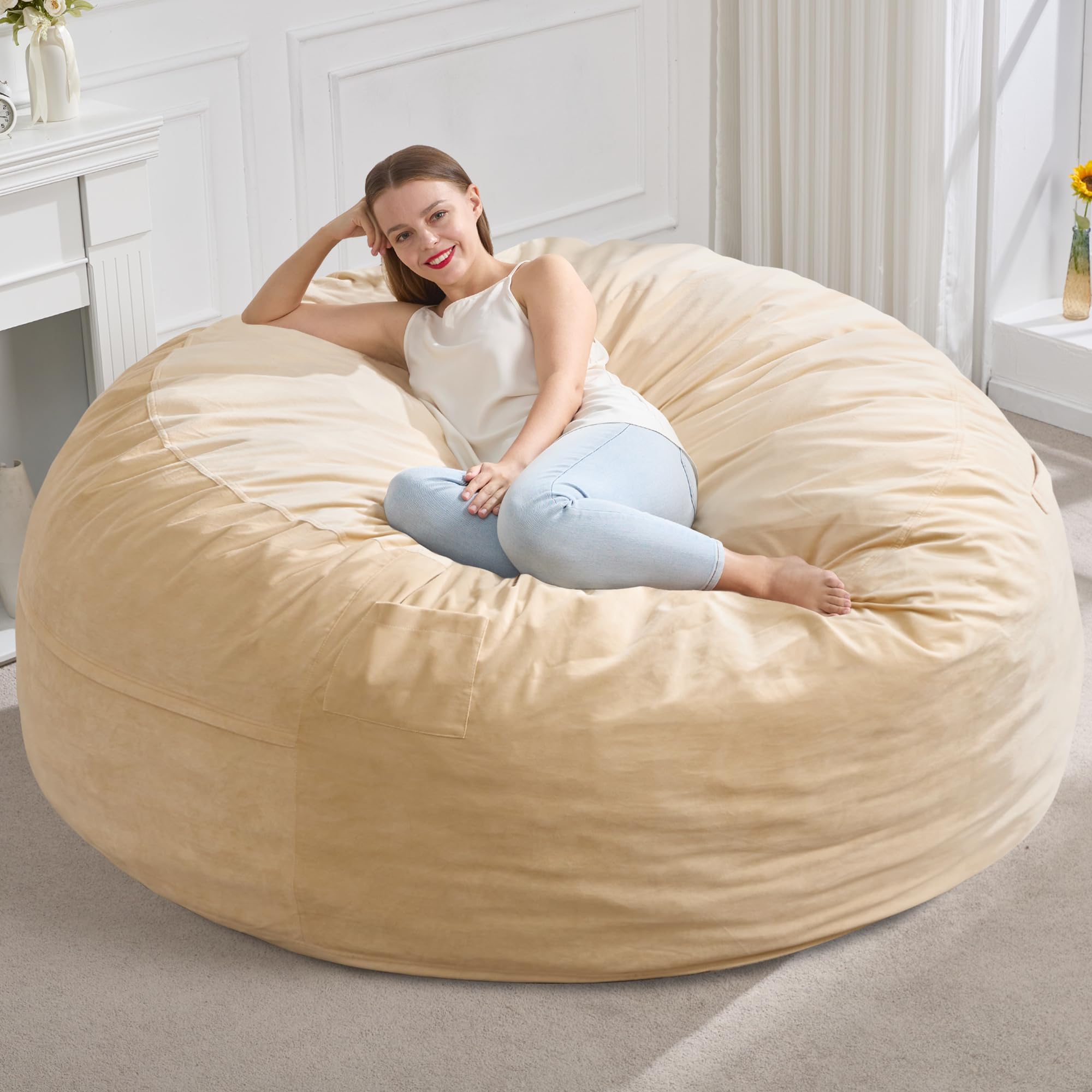 Hobestluk Bean Bag Chair 5ft Giant BeanBag Velvet Fabric XX-Large Khaki