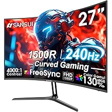 SANSUI 27 Inch Curved 240Hz Gaming Monitor FHD 1080P, 1500R Curve Computer Monitor, 130% sRGB, 4000:1 Contrast, HDR, FreeSync, MPRT 1Ms, Low Blue Light, HDMI DP Ports, Metal Stand, DP Cable Incl.