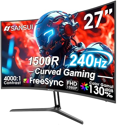 SANSUI 27 Inch Curved 240Hz Gaming Monitor FHD 1080P, 1500R Curve Computer Monitor, 130% sRGB, 4000:1 Contrast, HDR, FreeSync, MPRT 1Ms, Low Blue Light, HDMI DP Ports, Metal Stand, DP Cable Incl.