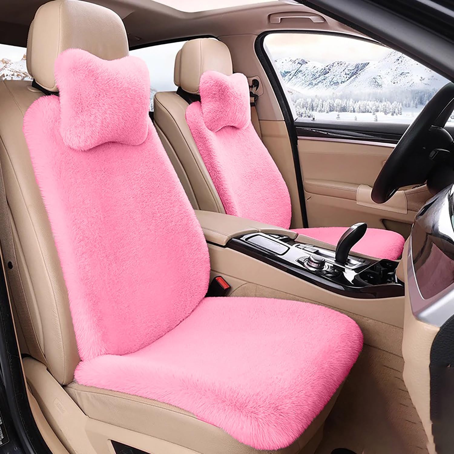Winter Fluffy Plush Warm Car Seat Cover 9Pcs Universal Anti-Slip Faux Bunny Fur Car Seat Cover Auto Front & Back Seat Pad for Car Pickup SUV (Pink, 9Pcs)