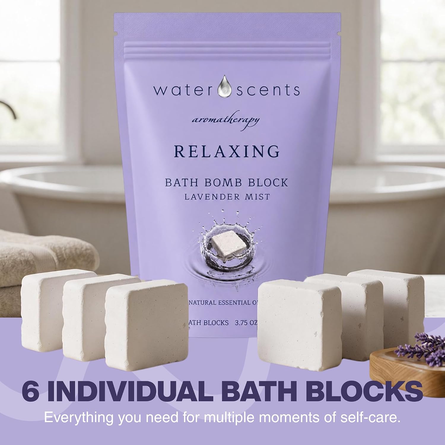 Water Scents Relaxing Lavender Mist Bath Bomb Block | Vegan, Cruelty-Free & Natural | Lavender Aromatherapy Bath Bomb for Stress Relief & Moisturizing | Handmade Spa Gift for Women, 3.5 oz (6counts)