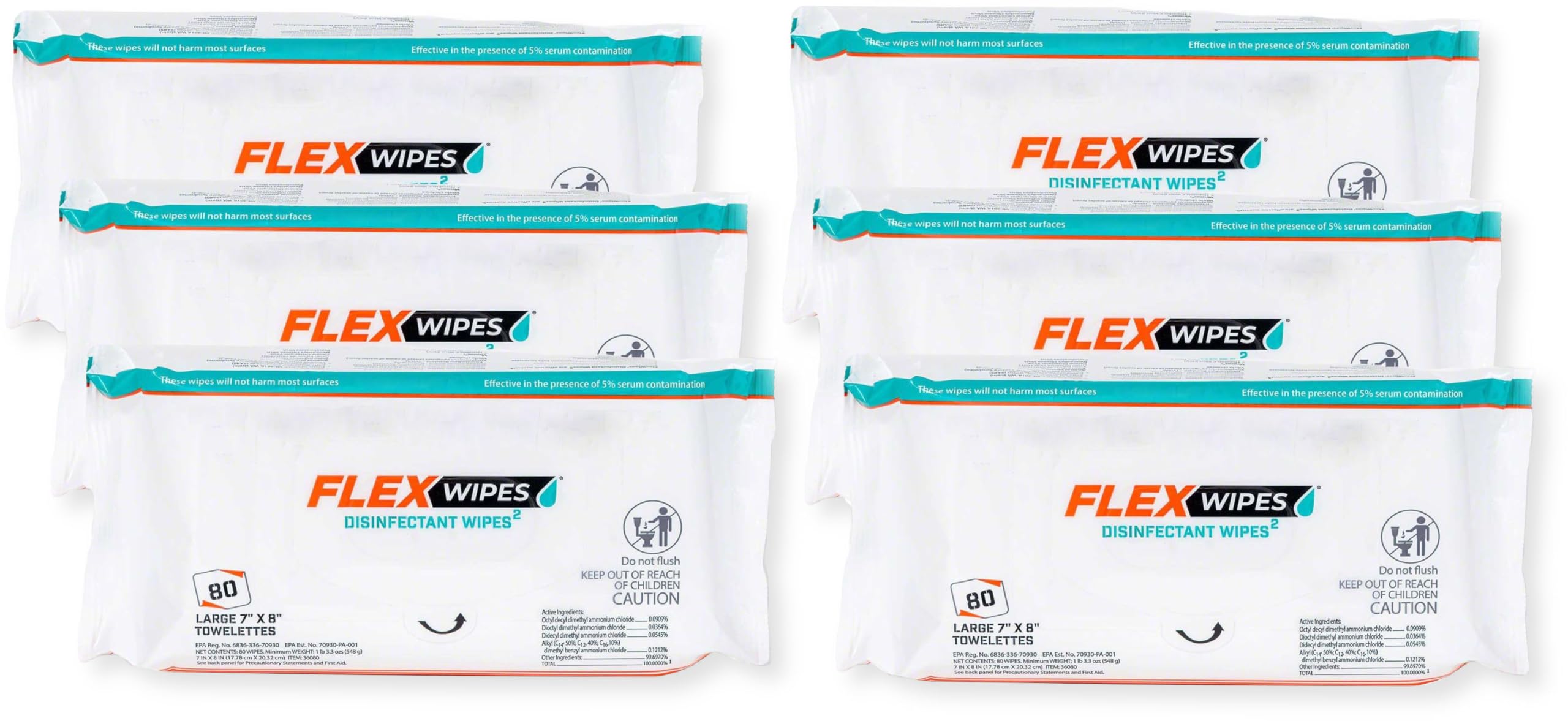 Generic Flex Wipes 36080 Pack of 6 Disinfectant Wipes Large 7 x 8 Wipes 80 Wipes per Pack