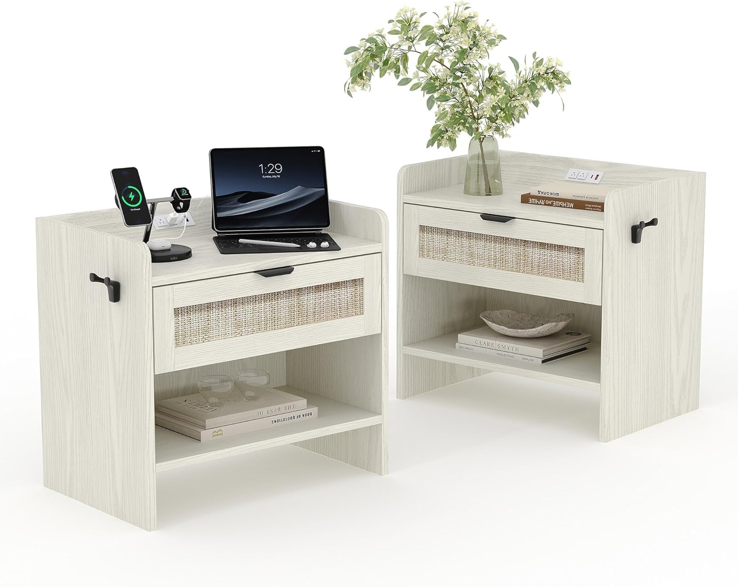 Set of 2 Rattan Bedside Tables with Type-C Charging Station, Boho Nightstands Featuring 1 Storage Drawer & Open Shelf, Large End Table with Charging Ports for Bedroom or Office