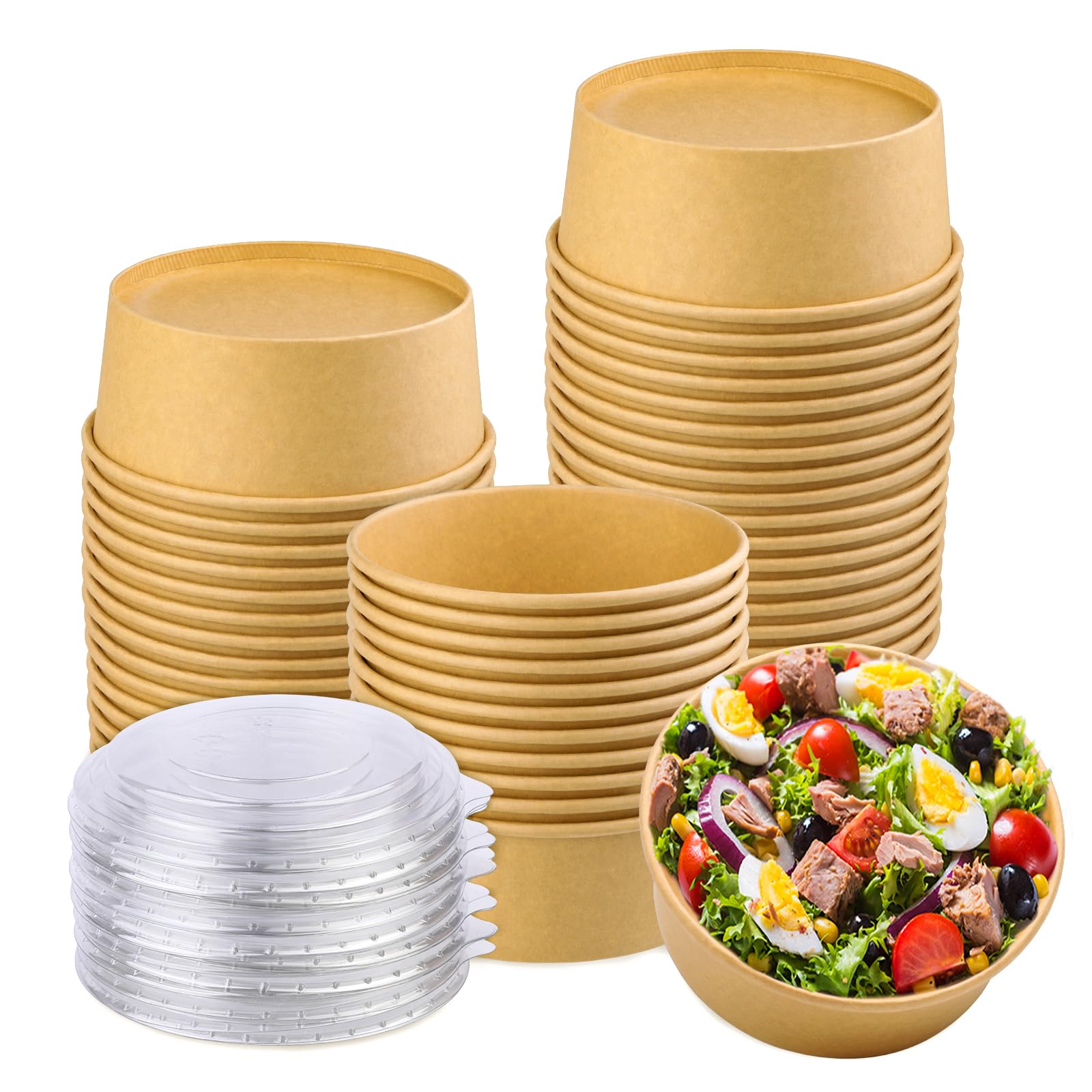 Ensaladera de papel con tapa, contenedor de alimentos Kraft de 25 onzas, taza de ensalada desechable para pasta fría, ensalada de patata, fruta y más [750 ml paquete de 50]