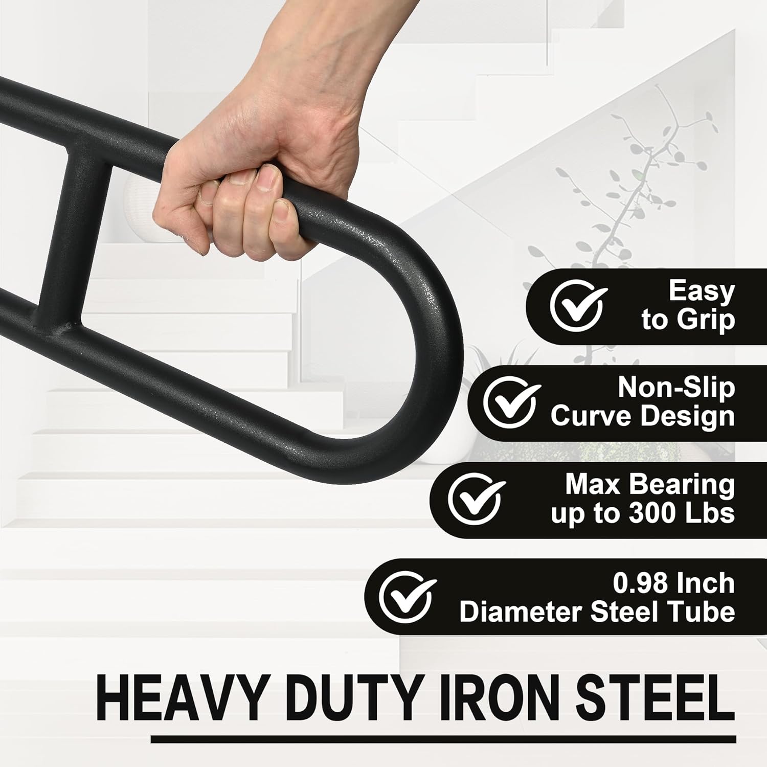 Hand Rails for Outdoor Steps, Stair Railing Metal Handrails Single Post Wrought Iron Railing for Garage Entrance, Garden, Yard, 1 to 3 Steps Stairs 35.6" H x 37.4" L