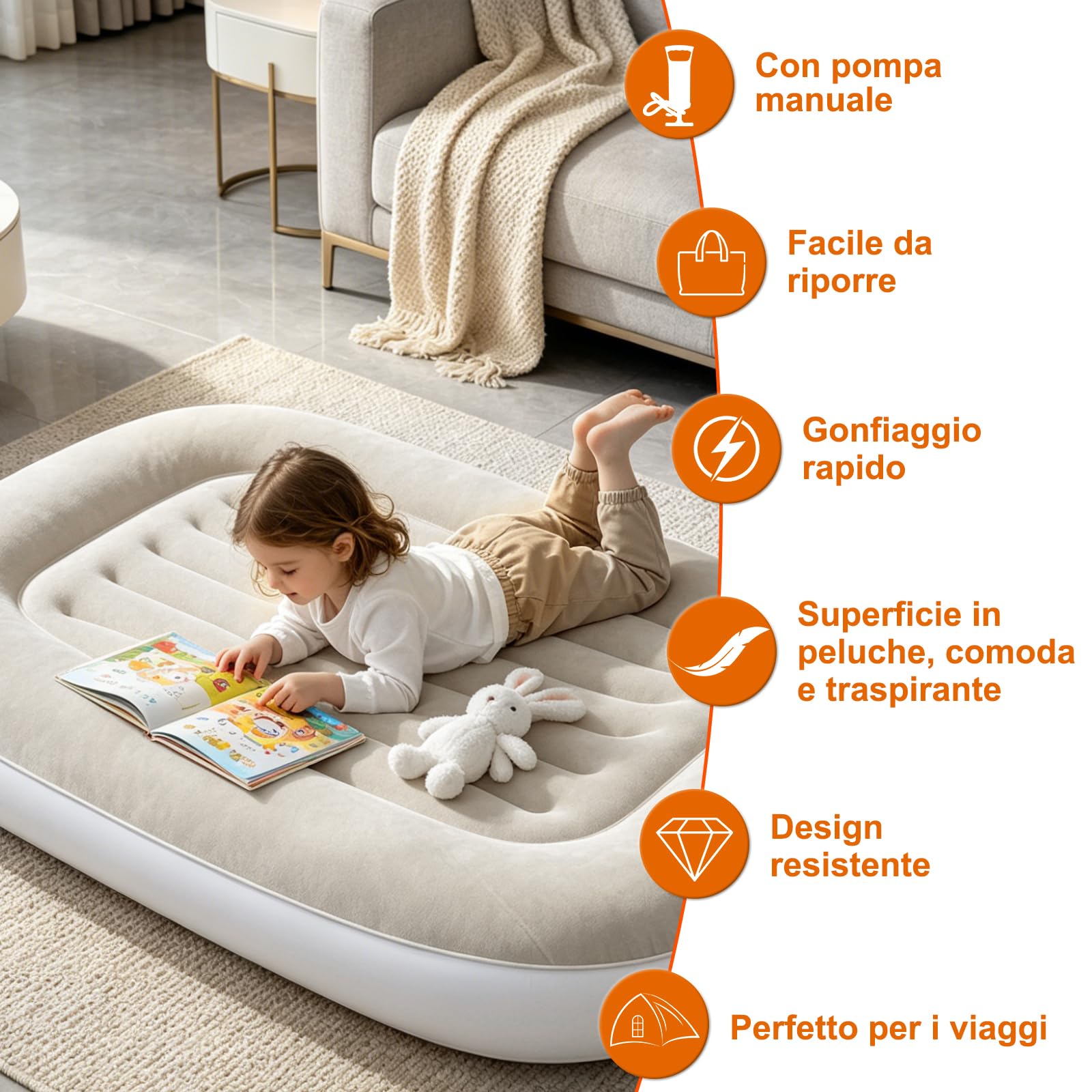Lettino gonfiabile per bambini, materasso ad aria portatile per bambini con pompa a mano