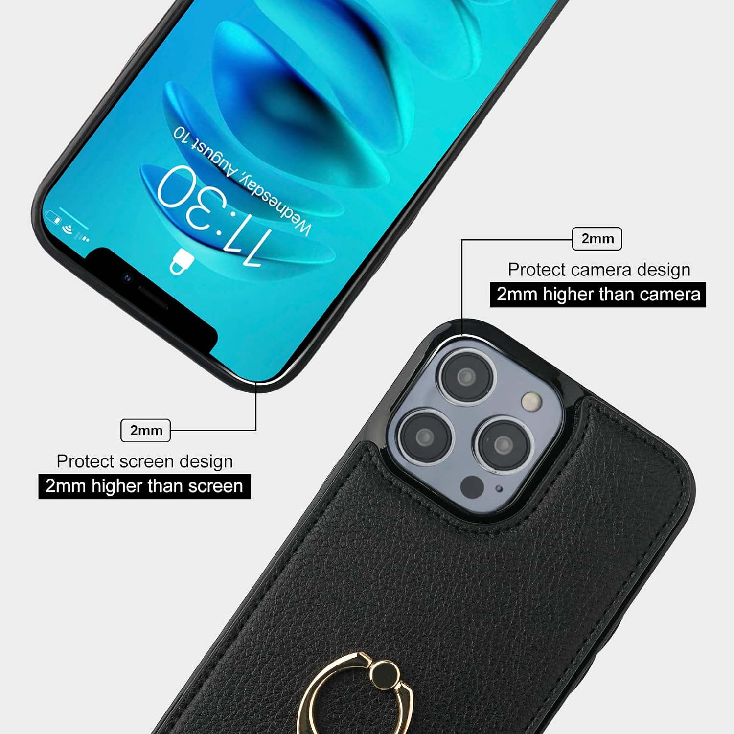 Folosu Compatible with iPhone 14 Pro Max Case Wallet with Card Holder, 360°Rotation Finger Ring Holder Kickstand, RFID Blocking Leather Protective Double Buttons Shockproof Cover 6.7 Inch Black