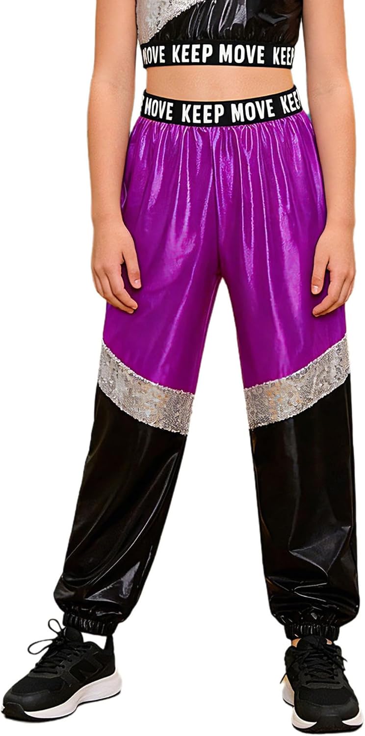 YiZYiF Kids Girls Jazz Hip Hop Dance Costume Shiny Metallic Harem Pants Sweatpants Halloween Costumes