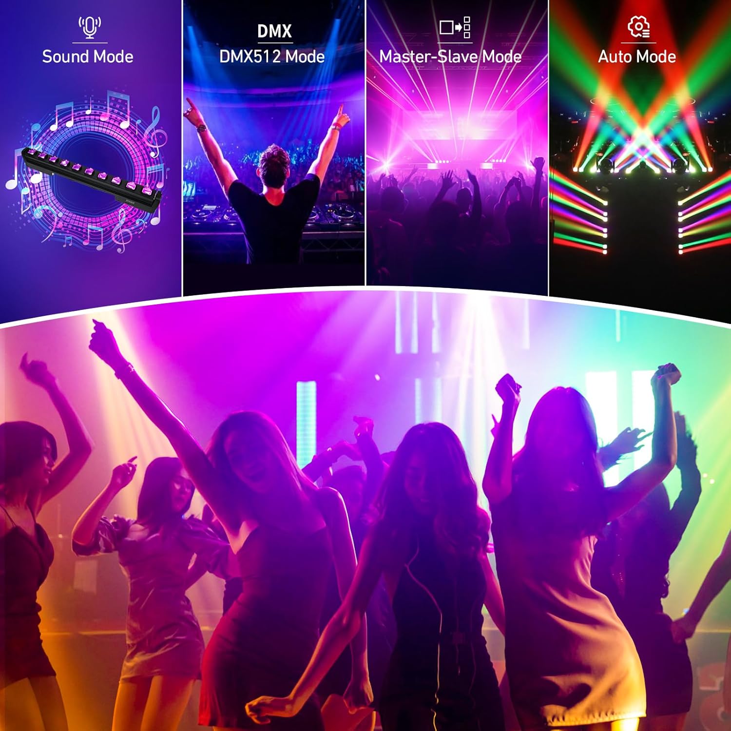 Four panels illustrating different operating modes: Sound Mode, DMX512 Mode, Master-Slave Mode, and Auto Mode