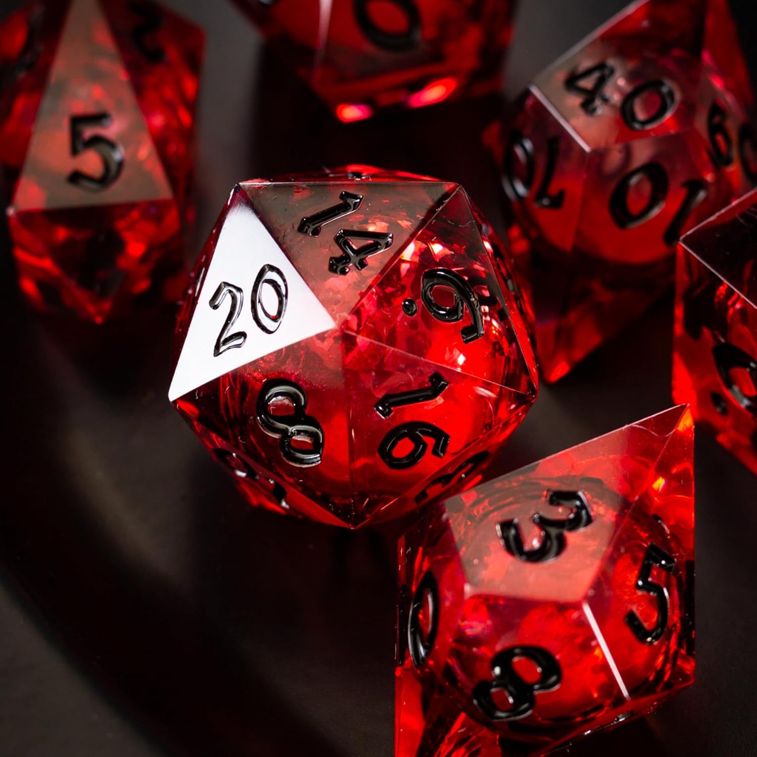 Blood Red Glitter Liquid Core DND Dice Set – 7 Pcs Sharp Edge Handmade Resin Polyhedral Dice for Dungeons and Dragons RPG