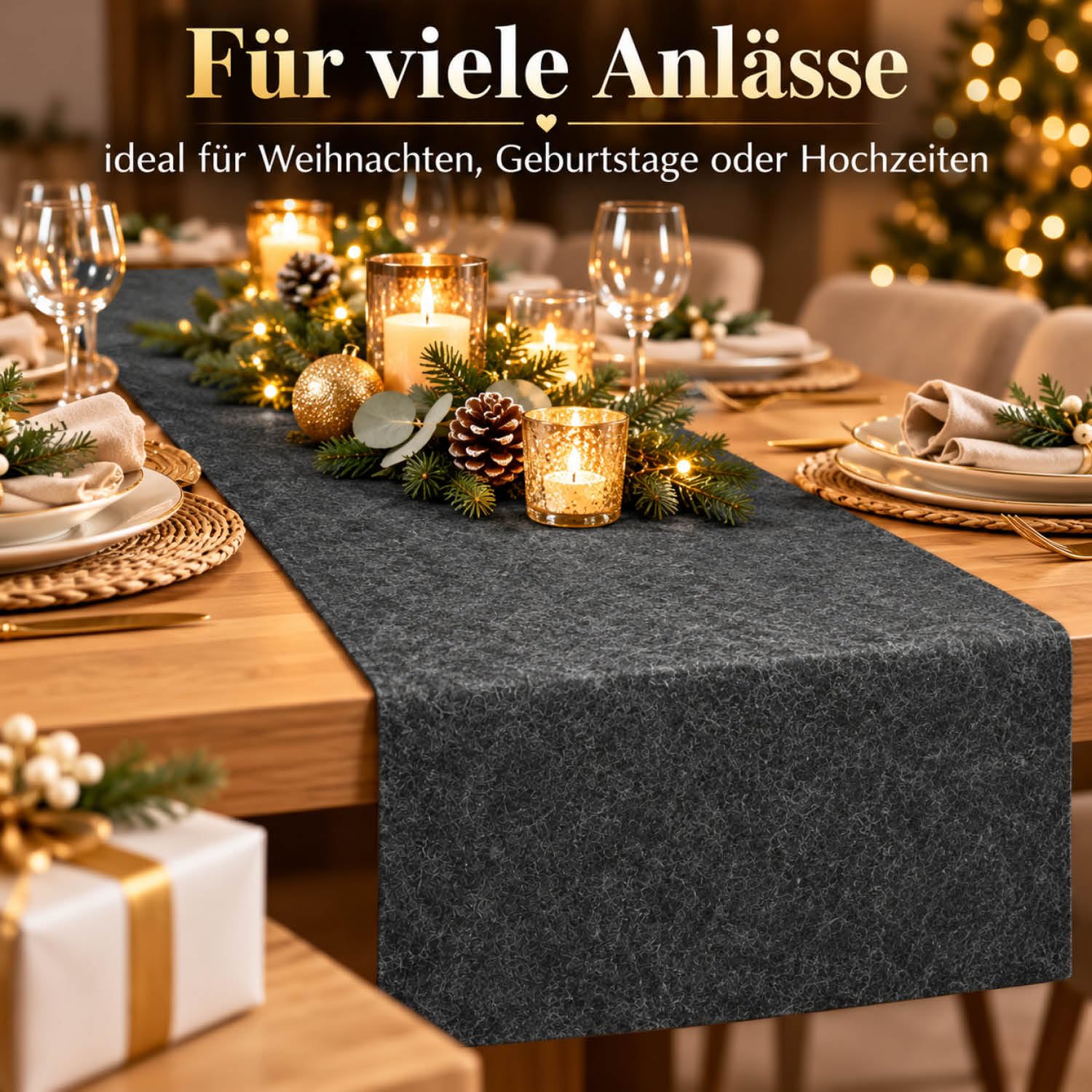 com-four® 1x Filzmatte zuschneidbar, Tischläufer, 44 x 150 cm, anthrazit