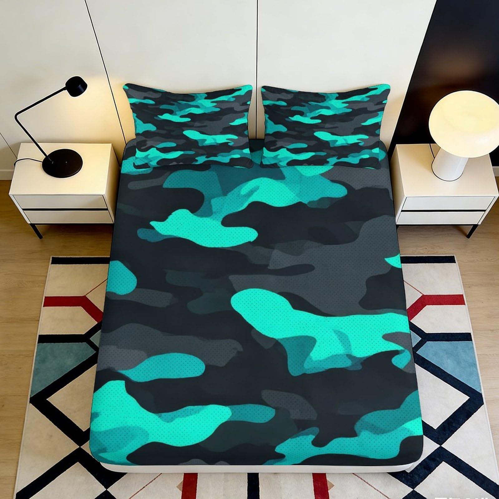 3D Printed Turquoise Camouflage Fitted Sheet Microfiber Soft Durable Black Grey Camo Bed Cover for Bedroom Dormitory Guest Room Mattress Protection 200x200x25cm