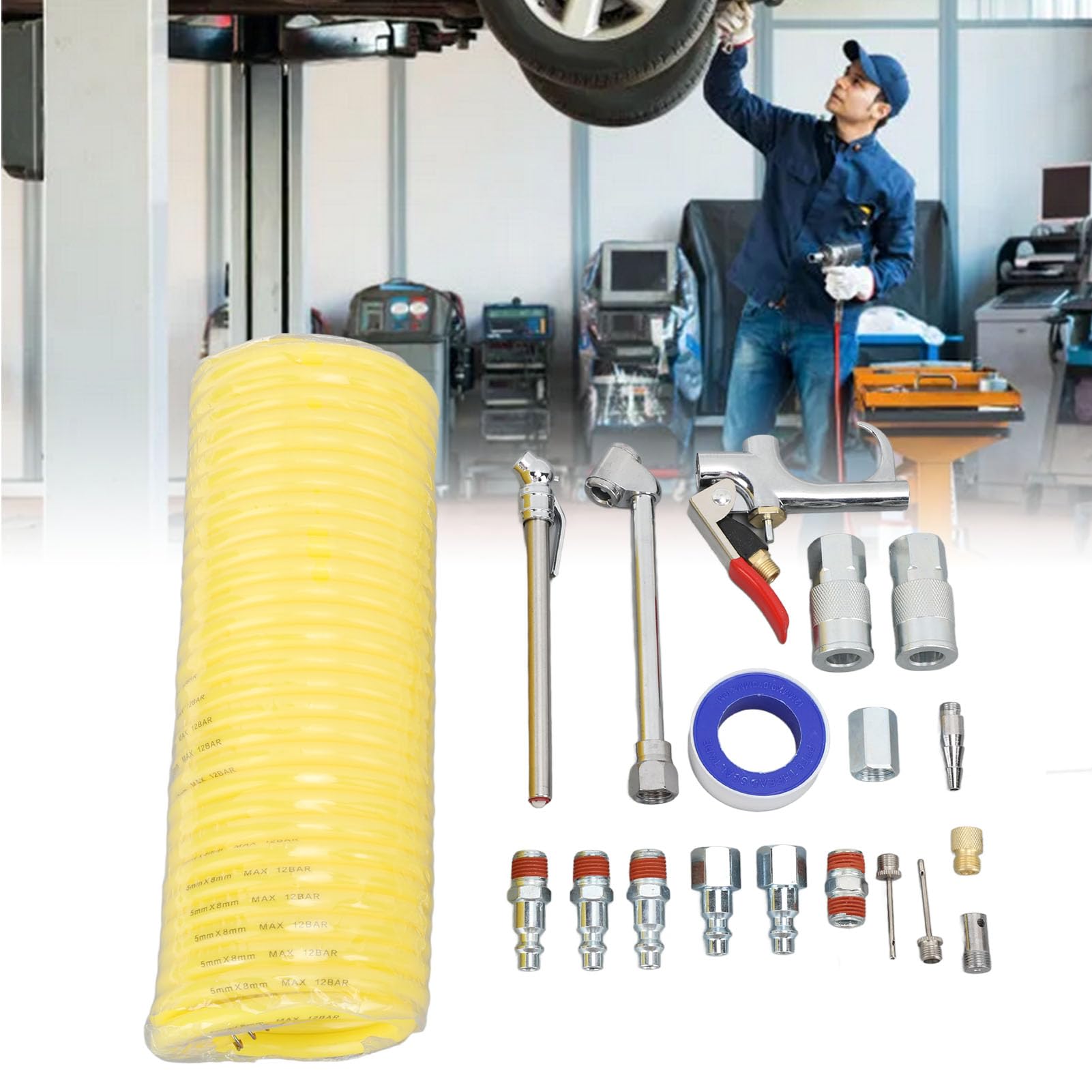 KANASI Kit de pistola de soplado neumática, juego de accesorios de conexión rápida de acero inoxidable de 20 piezas para limpieza y mantenimiento industrial
