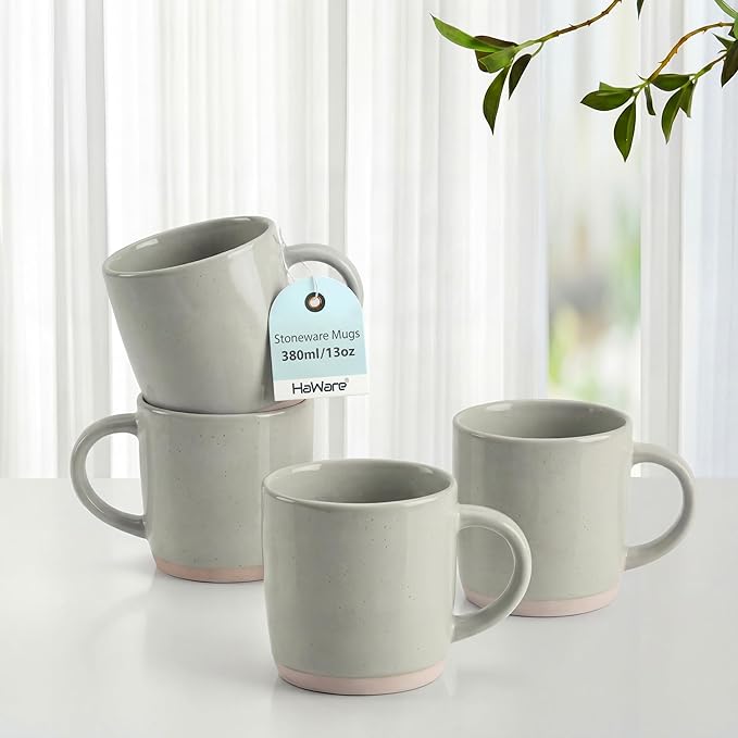 HaWare 13OZ Coffee Mugs Set of 4, Stoneware Coffee Cups, Ceramic Latte Mug for Man, Woman, Dad, Mom, Modern Tea Mugs for Latte/Cappuccino/Cocoa/Milk, Dishwasher& Microwave Safe, Speckled Cream Coffee