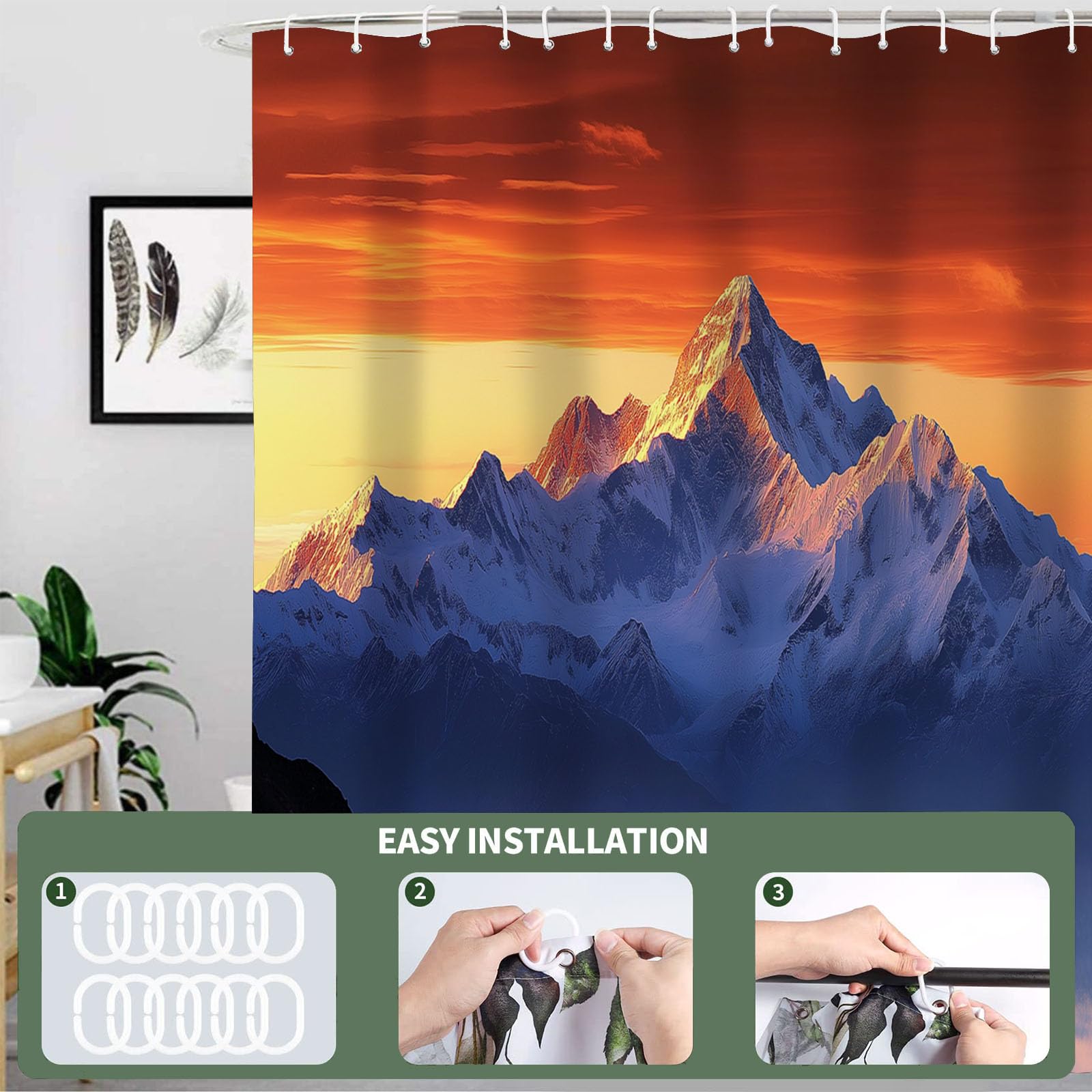 Duschvorhang 240x200cm Polyester Textil mit Natur Sonnenaufgang Muster,Waschbar duschvorhänge,Gebirge Wasserdicht und Schnell Trocknend badevorhänge mit 12 Hake