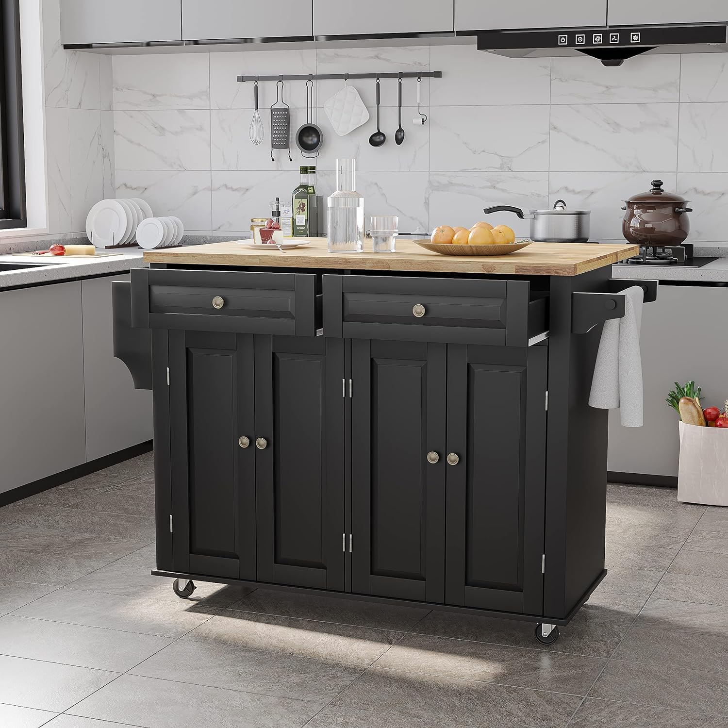 Squireewo Kitchen Cart with Wood Top and Drop Leaf Breakfast Bar, Rolling Mobile Kitchen Island Table on Wheels with Drawer and Storage Cabinet, Spice Rack, Towel Rack, Black