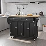 Kitchen Cart with Wood Top and Drop Leaf Breakfast Bar, Rolling Mobile Kitchen Island Table on Wheels with Drawer and Storage Cabinet, Spice Rack, Towel Rack, Black