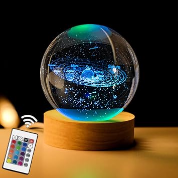 Solar System 3D Crystal Ball with LED Stand, Remote Control, 16 Colors Change, Galaxy Glass Sphere Lamp, Decorative Glass Ball Paperweight Gifts80mm