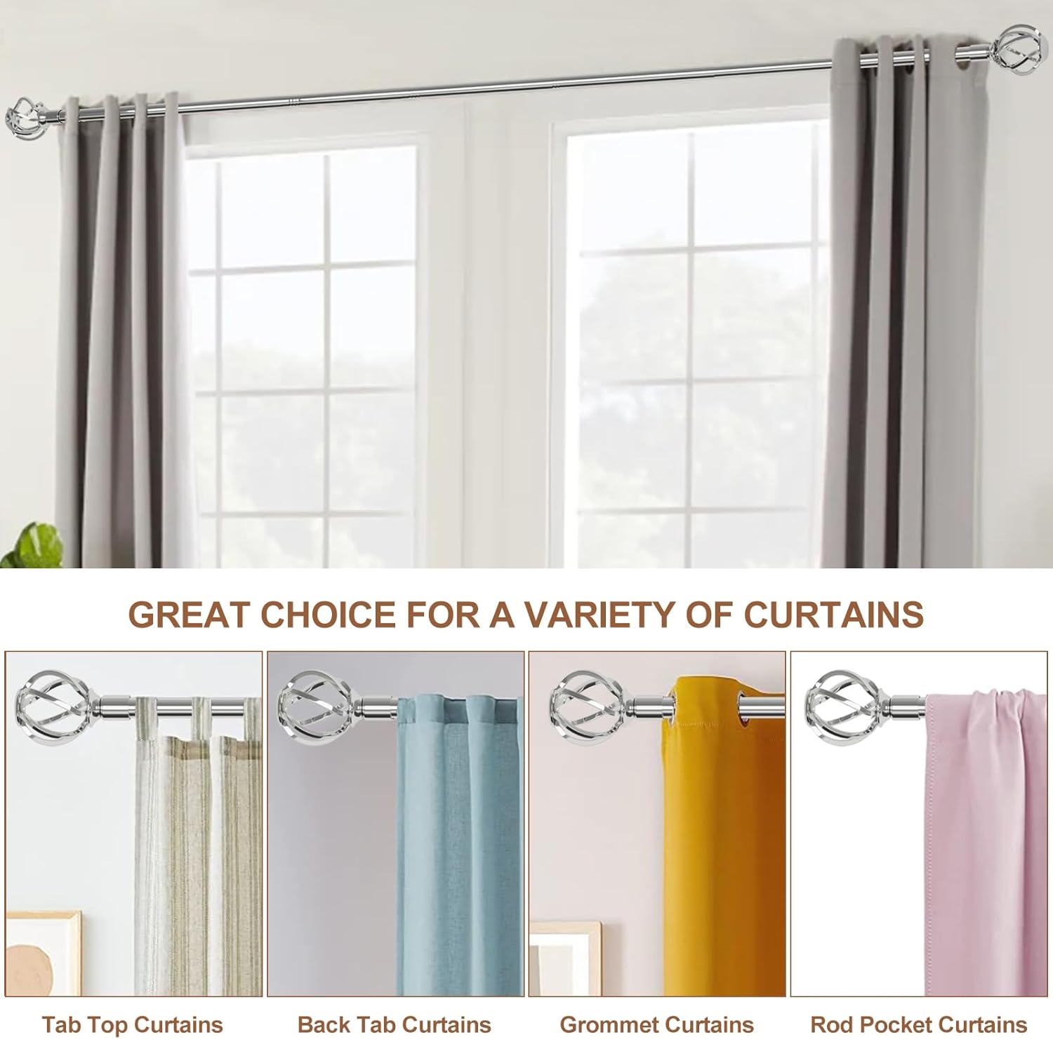 Long Curtain Rod with Cage Finials, 72-144 Heavy Duty Curtain Rods for Windows, Splicing Adjustable Decorative Curtain Rods for Outdoor Patio, Sliding Glass Door, 5/8" Diameter (Chrome)