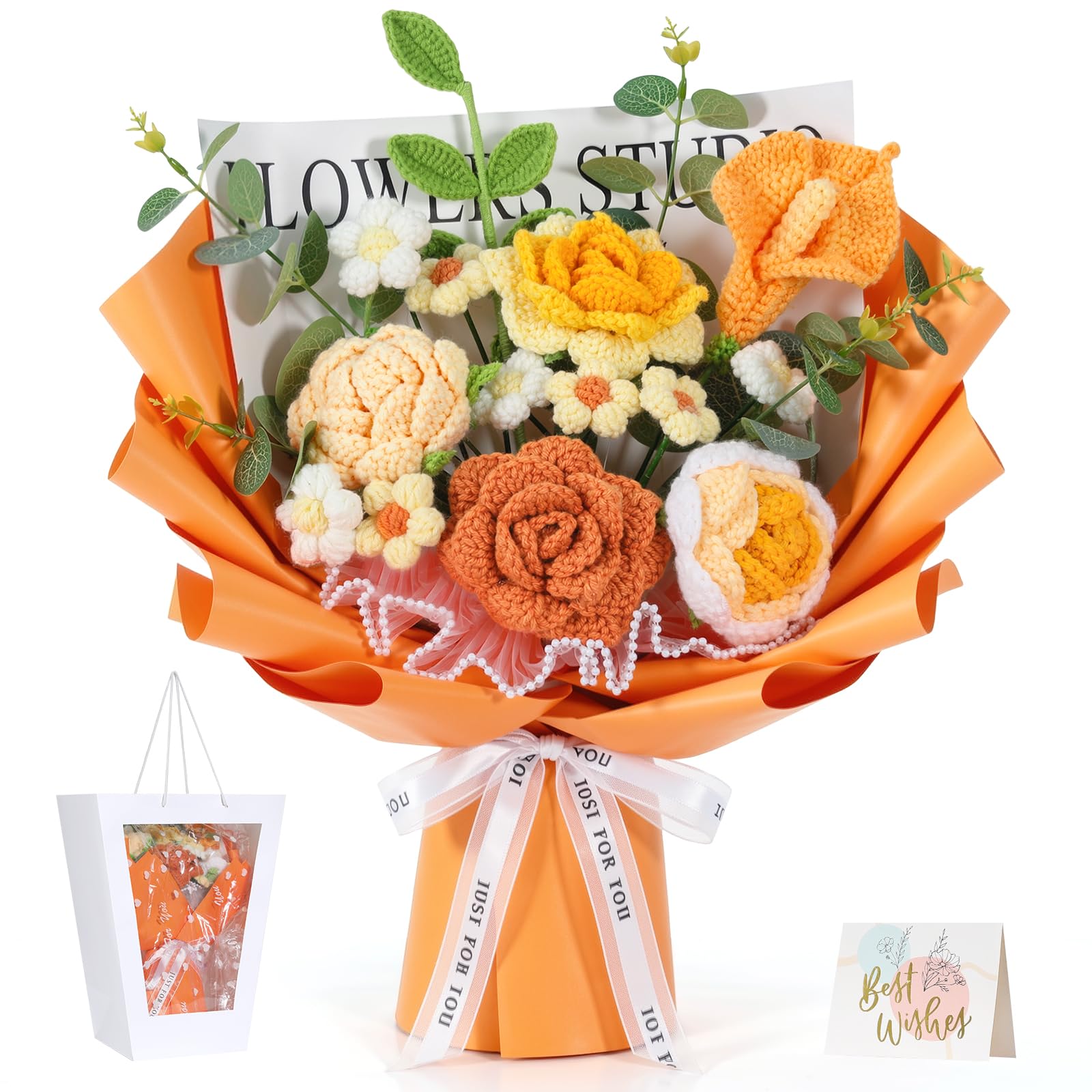 Lewondr Crochet Flower Bouquet, Orange Rose Calla Flowers, Graduation Gifts