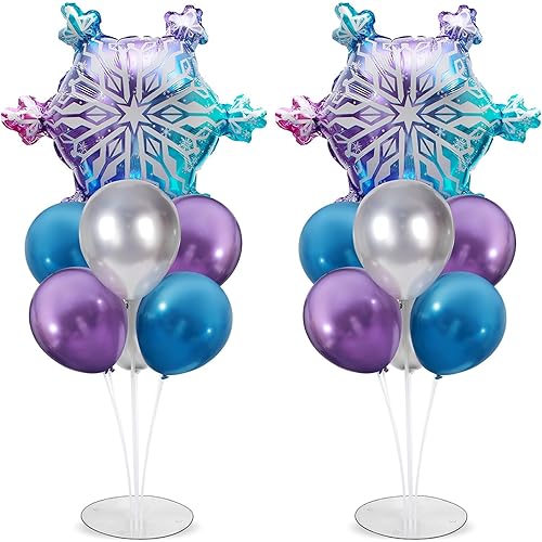 Snow Birthday Party Balloons Stand Kit 2 Sets With Snowflake Foil Balloons for Winter Wonderland Girl Princess Birthday Party Themed Decorations - Balloon Centerpiece for Tables