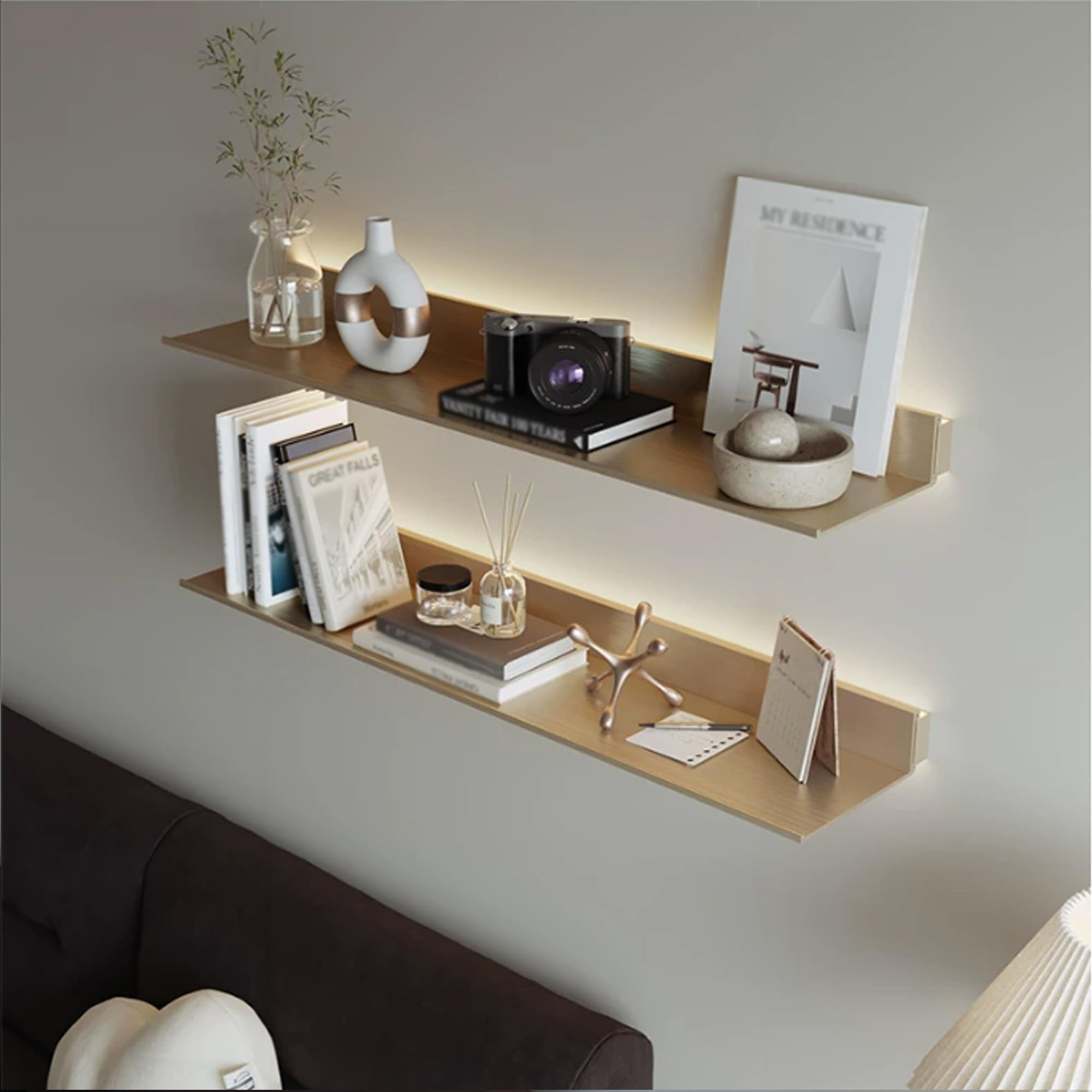 Estanteria con LED,baldas flotantes pared para exhibición y almacenamiento | Retroiluminación LED cálida, diseño flotante invisible, acero resistente, ahorro de espacio(Gold-20cm/7.8in,180cm/71in)