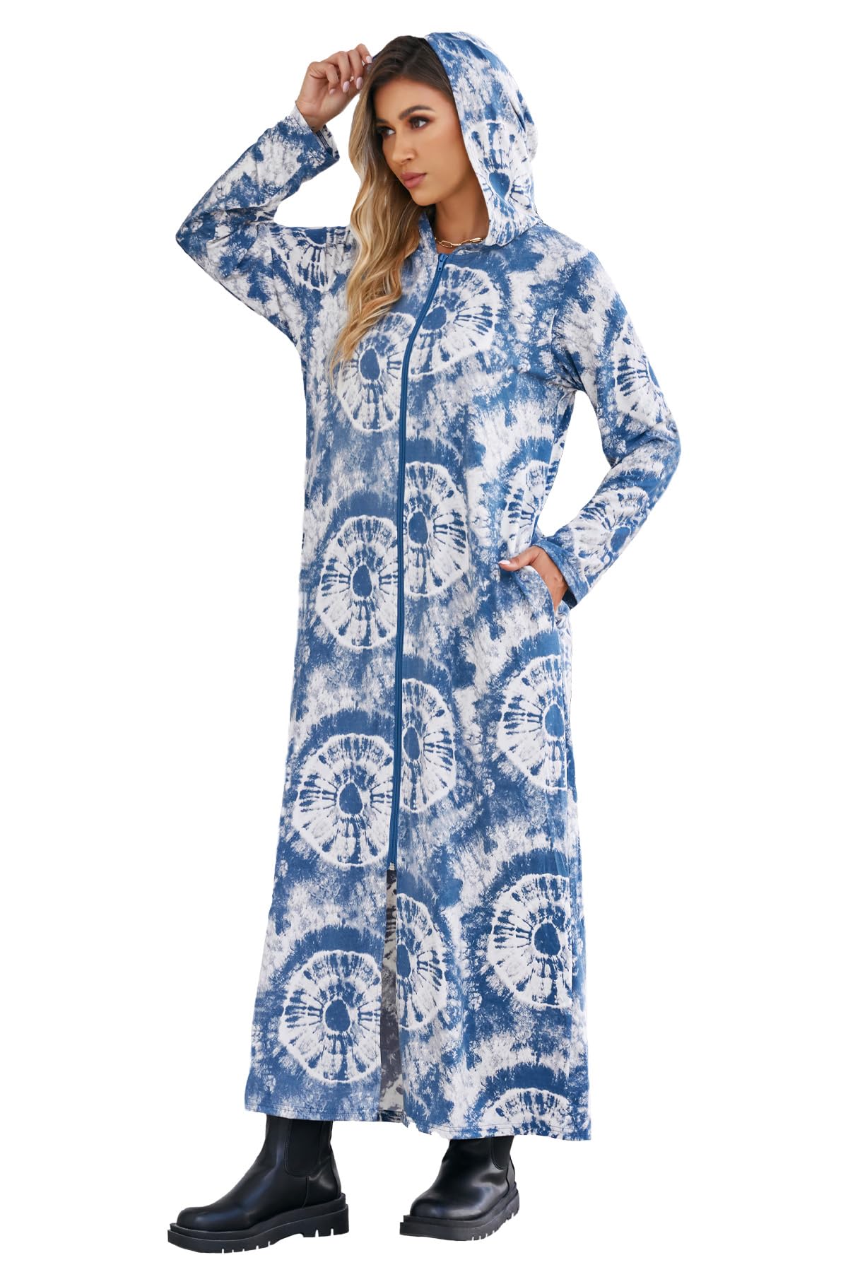 Kasual Women's Hooded Zipper Bathrobe Long Housecoat Sweatshirt Soft Robe Long Sleeve Loungewear Nightgown with Pockets