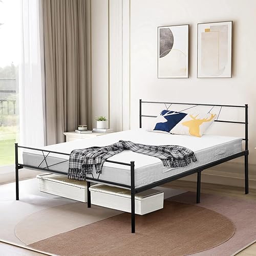 Recaceik Queen Bed Frame Metal Platform Bed Frame Queen Size with Headboard and Footboard, Mattress Foundation, Queen Size Bed Frame No Box Spring Needed, Under Bed Storage, Non-Slip Without Noise