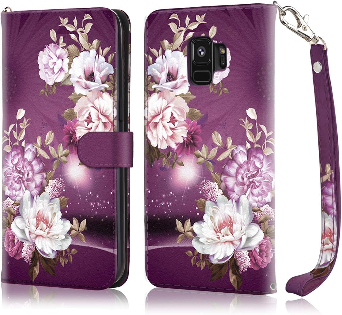 Galaxy S9 Case, Hocase PU Leather Full Body Protective Wallet Case Cover with Credit Card Holders, Wrist Strap, Magnetic Closure for Samsung Galaxy S9 (SM-G960) 2018 - Burgundy Flowers