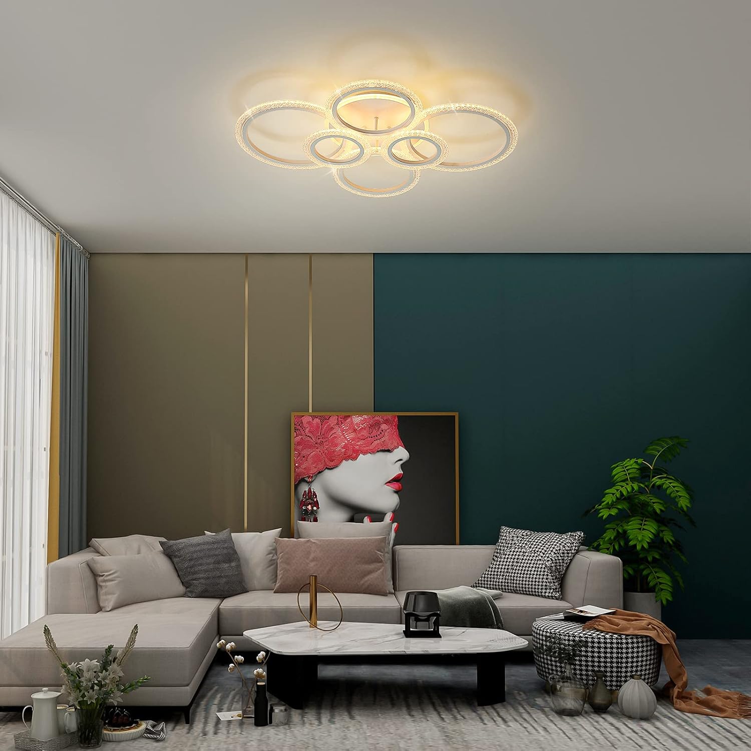 70% Off Everything Garwarm Modern Ceiling Lamp 76W LED Dimmable Chandelier 6 Rings Flush Mount Ceiling Light for Living Room Bedroom,White