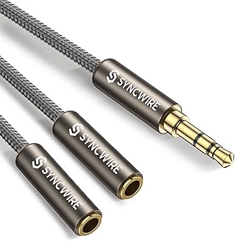 SYNCWIRE Headphone Splitter, Nylon-Braided 3.5mm Extension Cable Audio Stereo Y Splitter Hi-Fi Sound, 3.5mm Male to 2 Ports Female Headset Splitter for 3.5mm Aux Device No Mic - Gold Brown